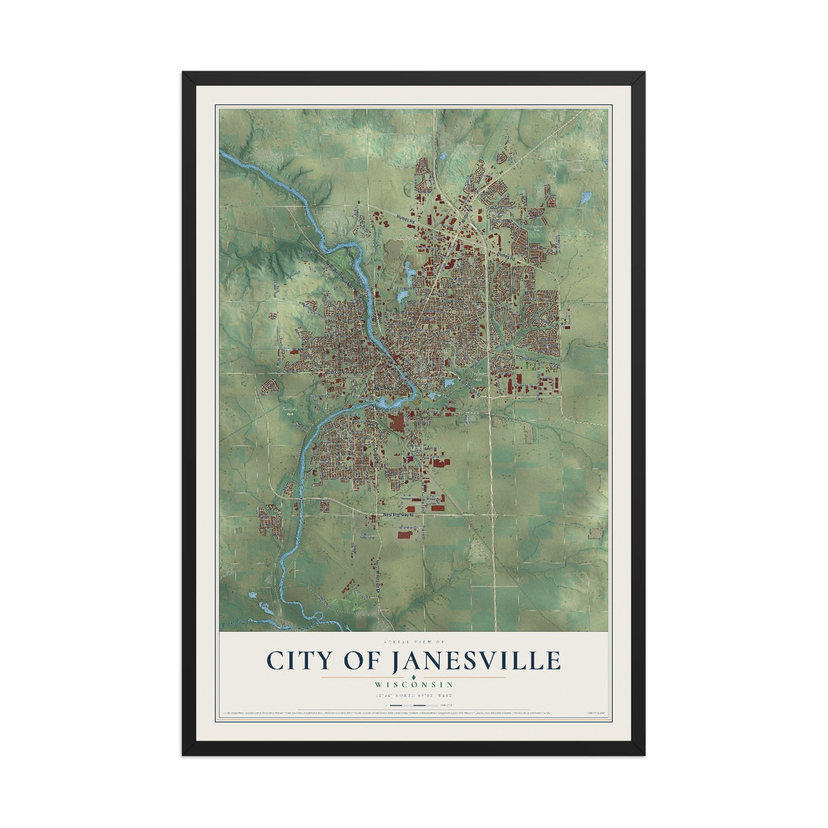Map of Janesville, Wisconsin, 12 x 18 inch print in a black wood frame