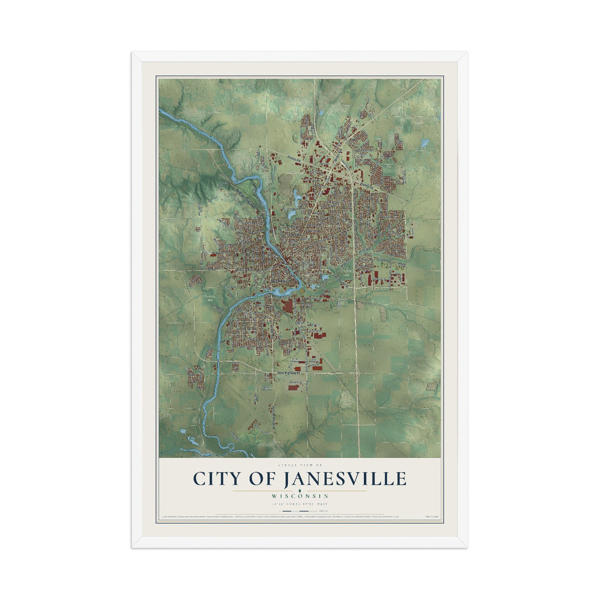 Map of Janesville, Wisconsin, 12 x 18 inch print in a white wood frame