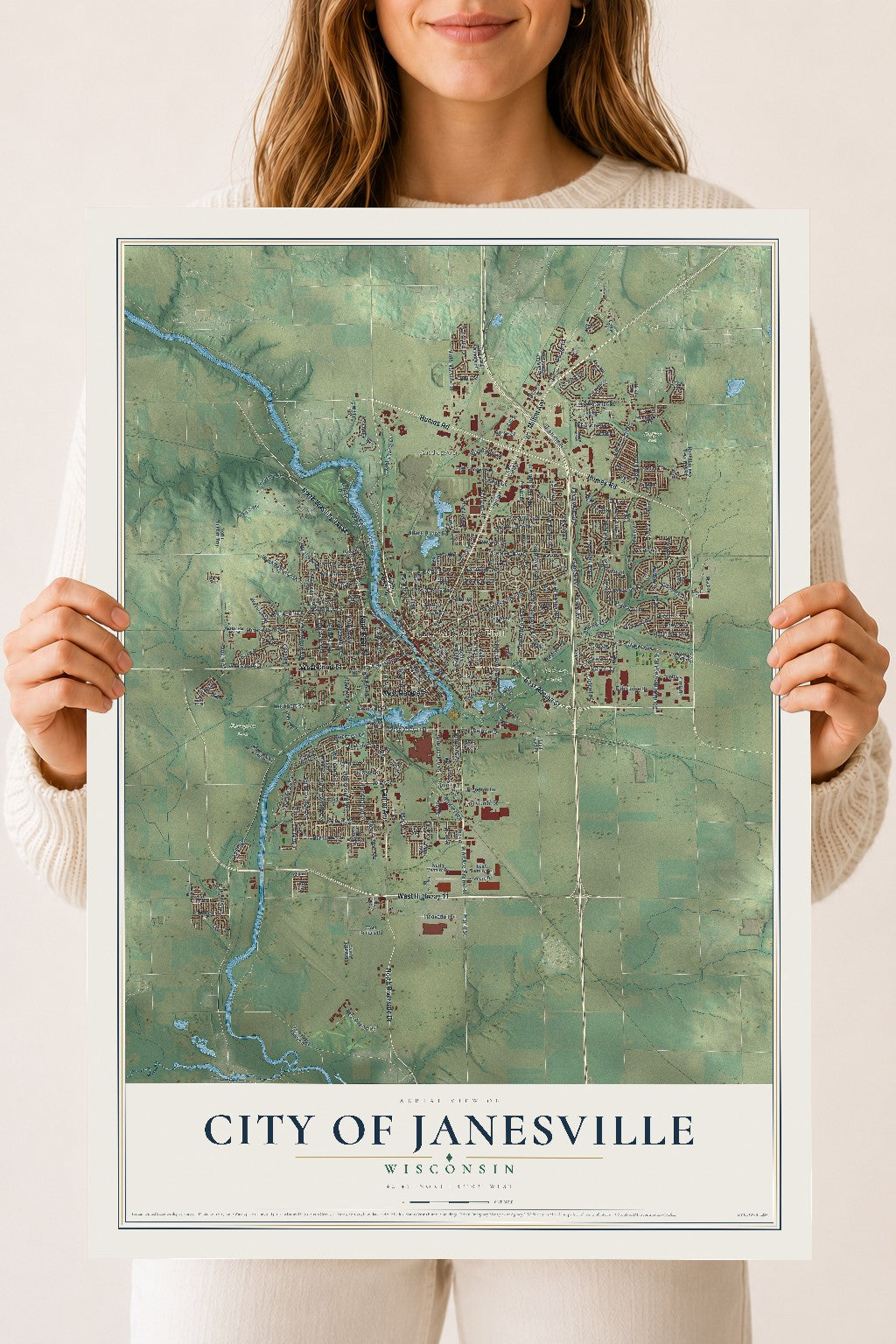 Map of Janesville, Wisconsin, 18 x 24 inch unframed archival matte print