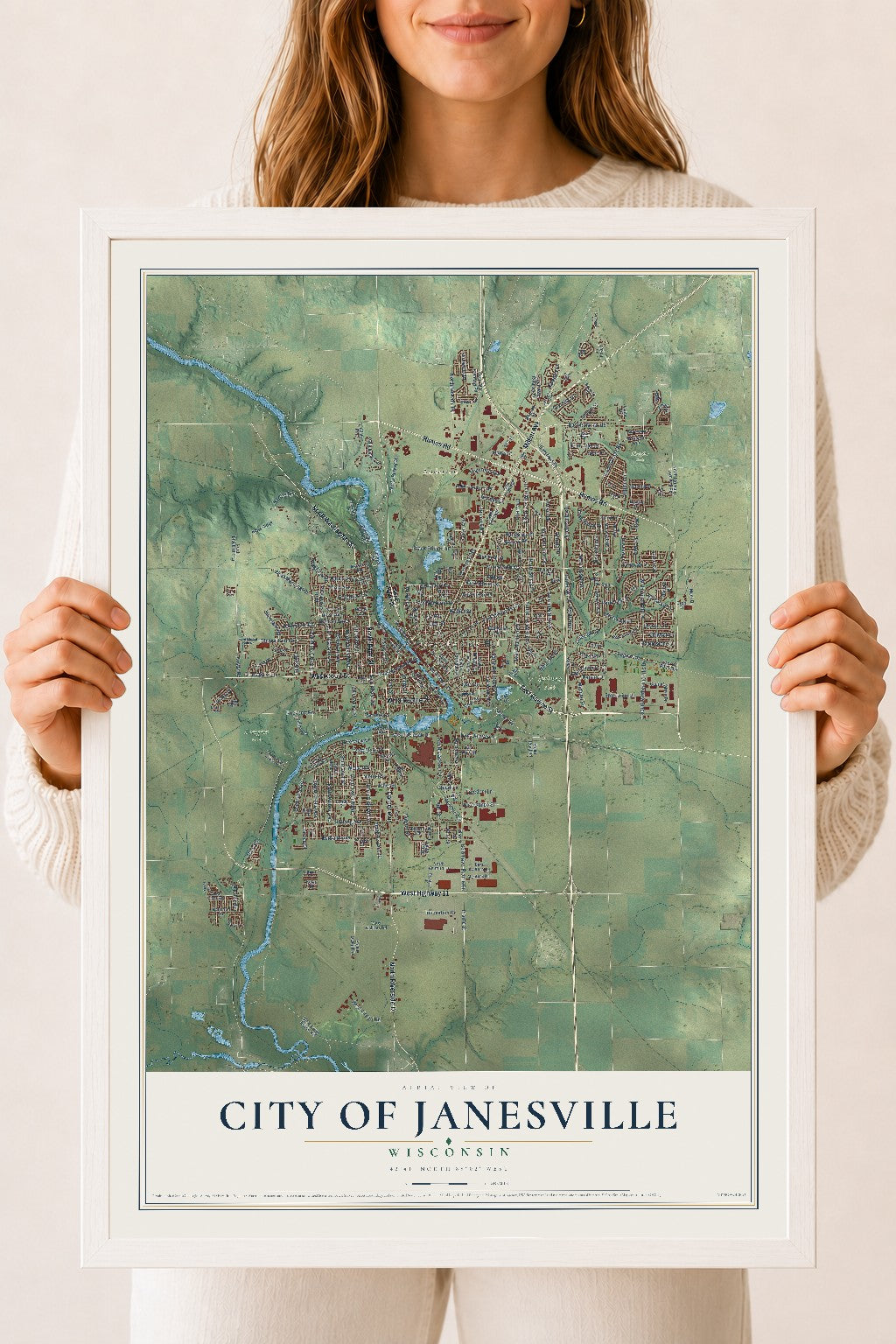 Map of Janesville, Wisconsin, 18 x 24 inch print in a white wood frame