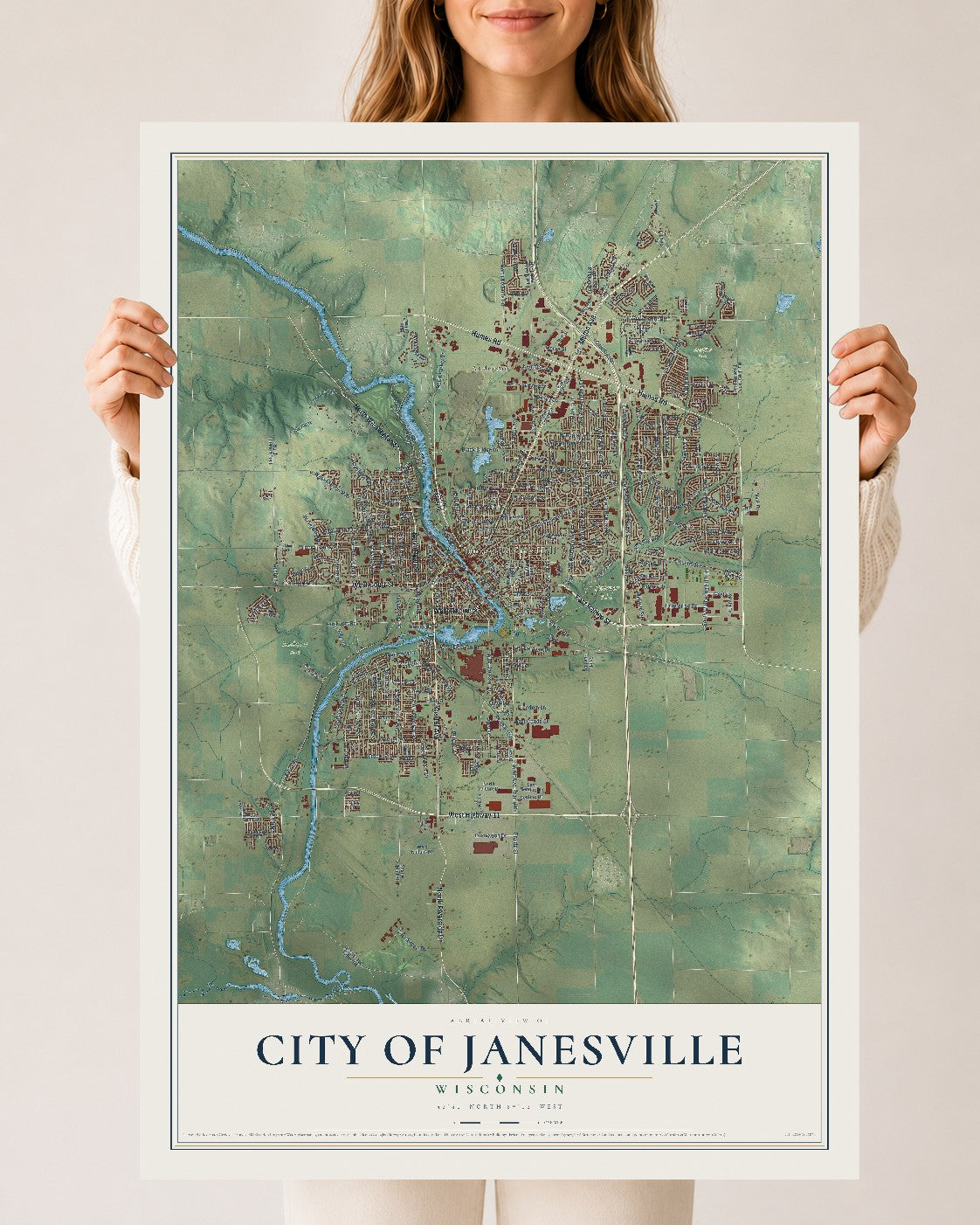 Map of Janesville, Wisconsin, 24 x 36 inch unframed archival matte print