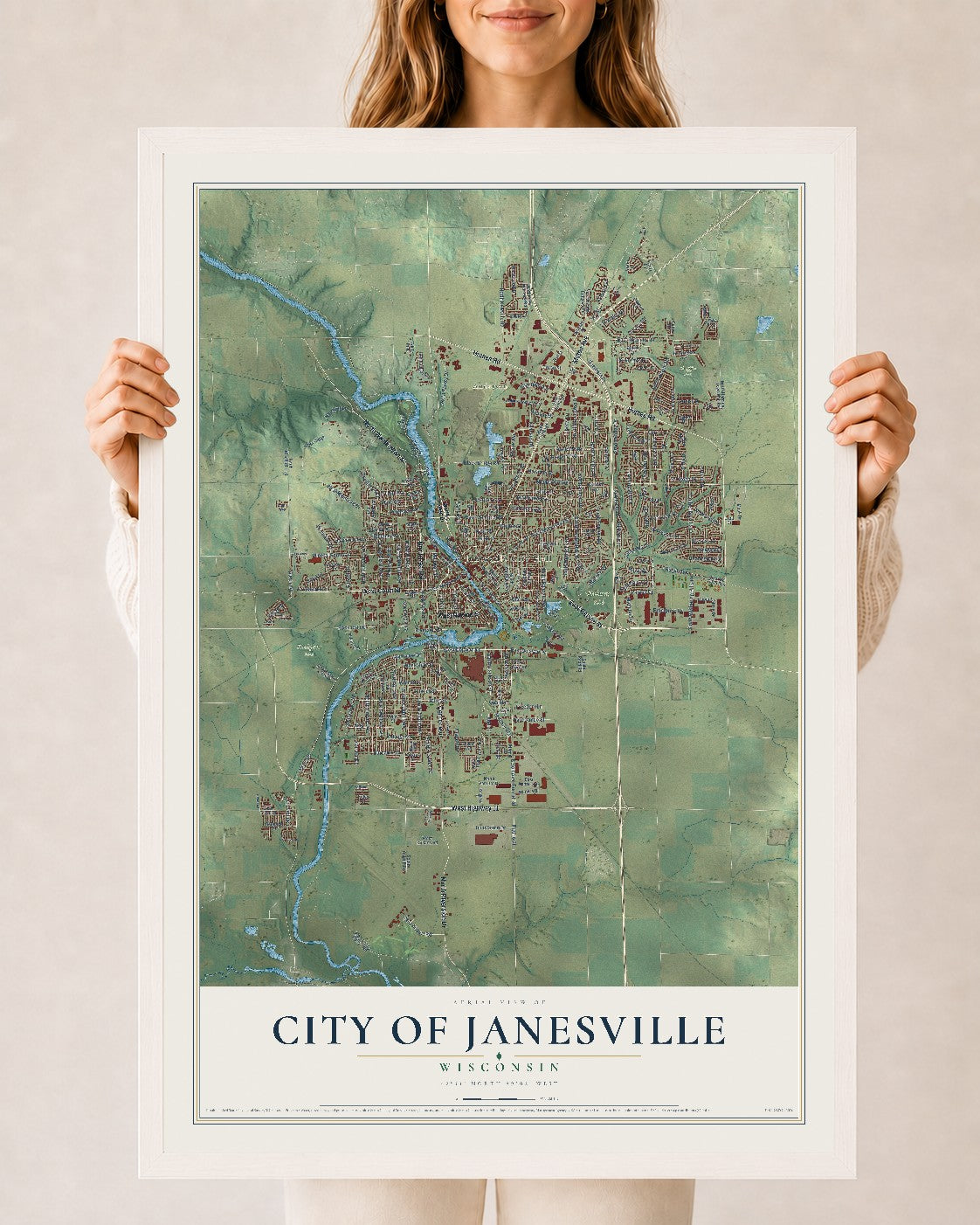 Map of Janesville, Wisconsin, 24 x 36 inch print in a white wood frame