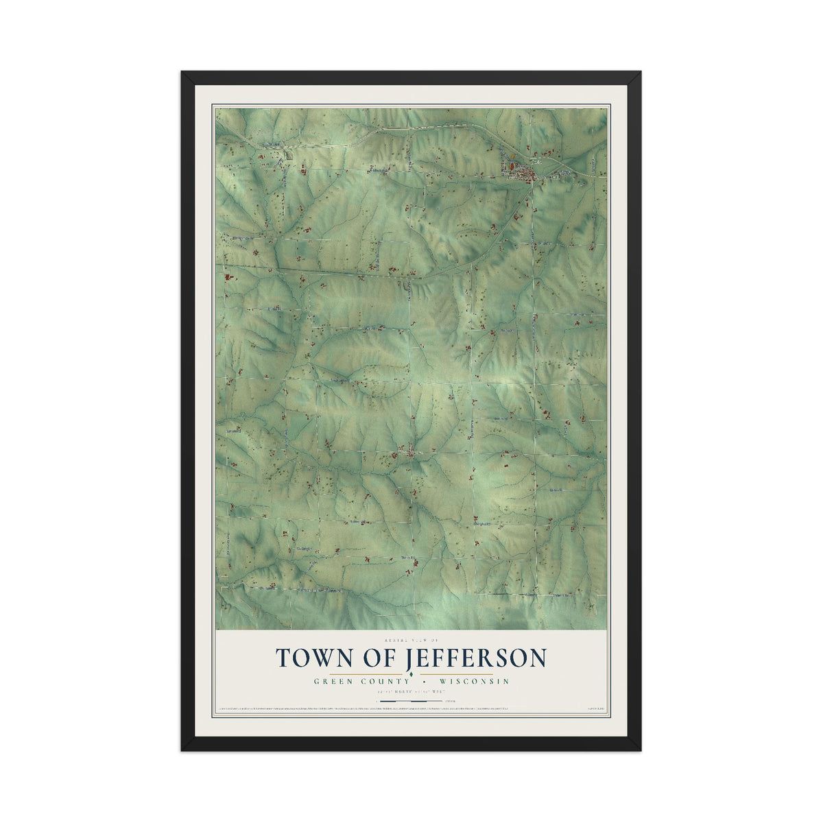 Map of the Town of Jefferson, Green County, Wisconsin, 12 x 18 inch print in a black wood frame