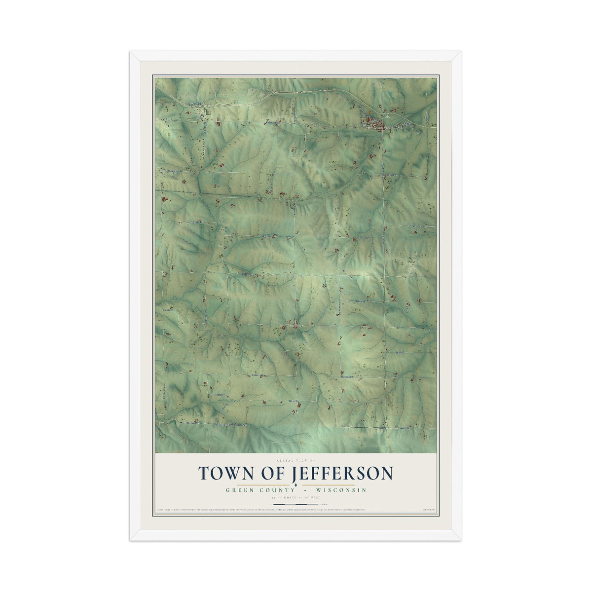 Map of the Town of Jefferson, Green County, Wisconsin, 12 x 18 inch print in a white wood frame