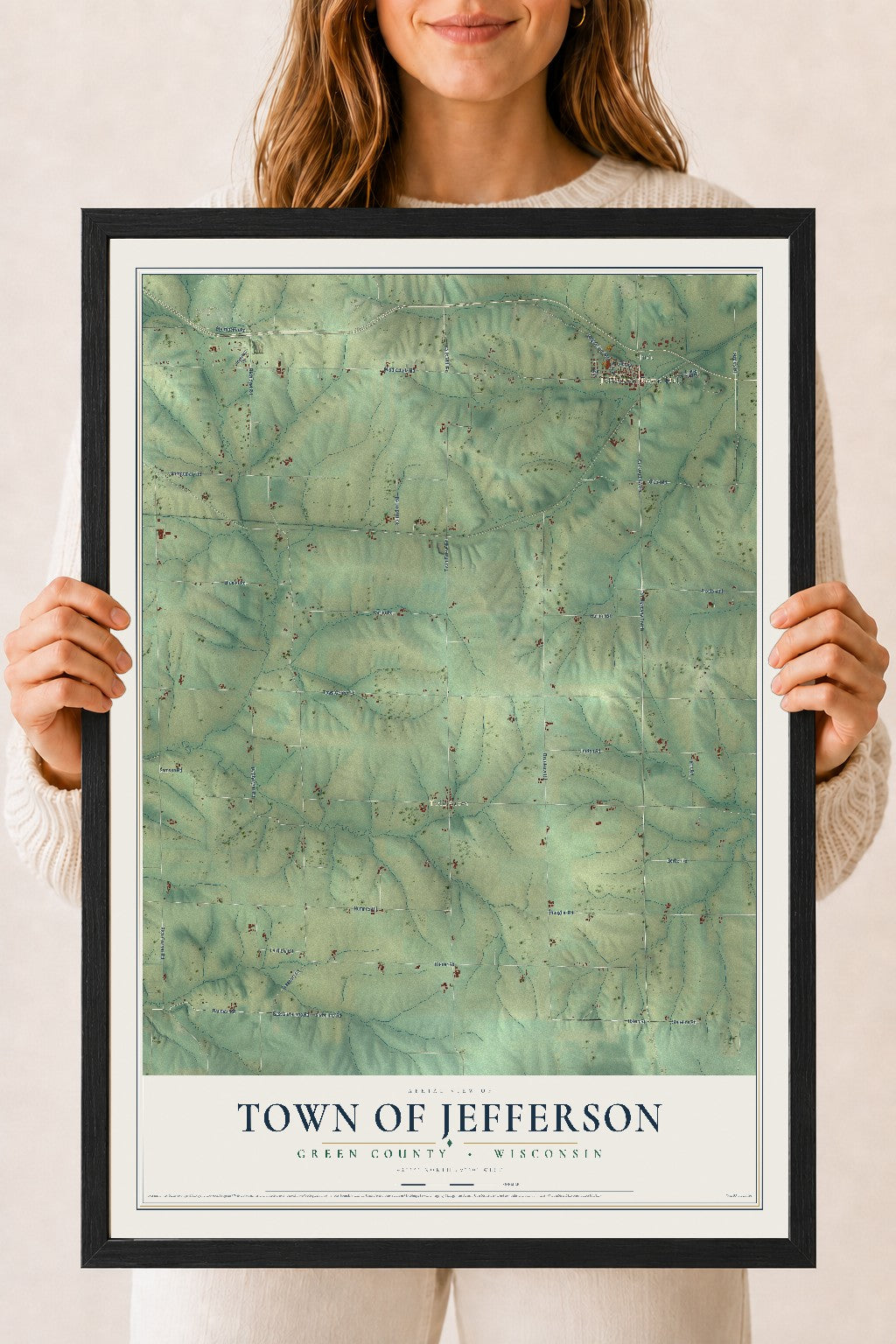 Map of the Town of Jefferson, Green County, Wisconsin, 18 x 24 inch print in a black wood frame