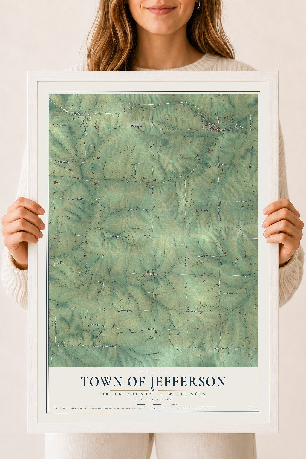 Map of the Town of Jefferson, Green County, Wisconsin, 18 x 24 inch print in a white wood frame