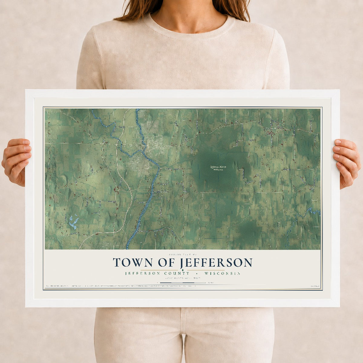 Map of the Town of Jefferson, Jefferson County, Wisconsin, 12 x 18 inch print in a white wood frame
