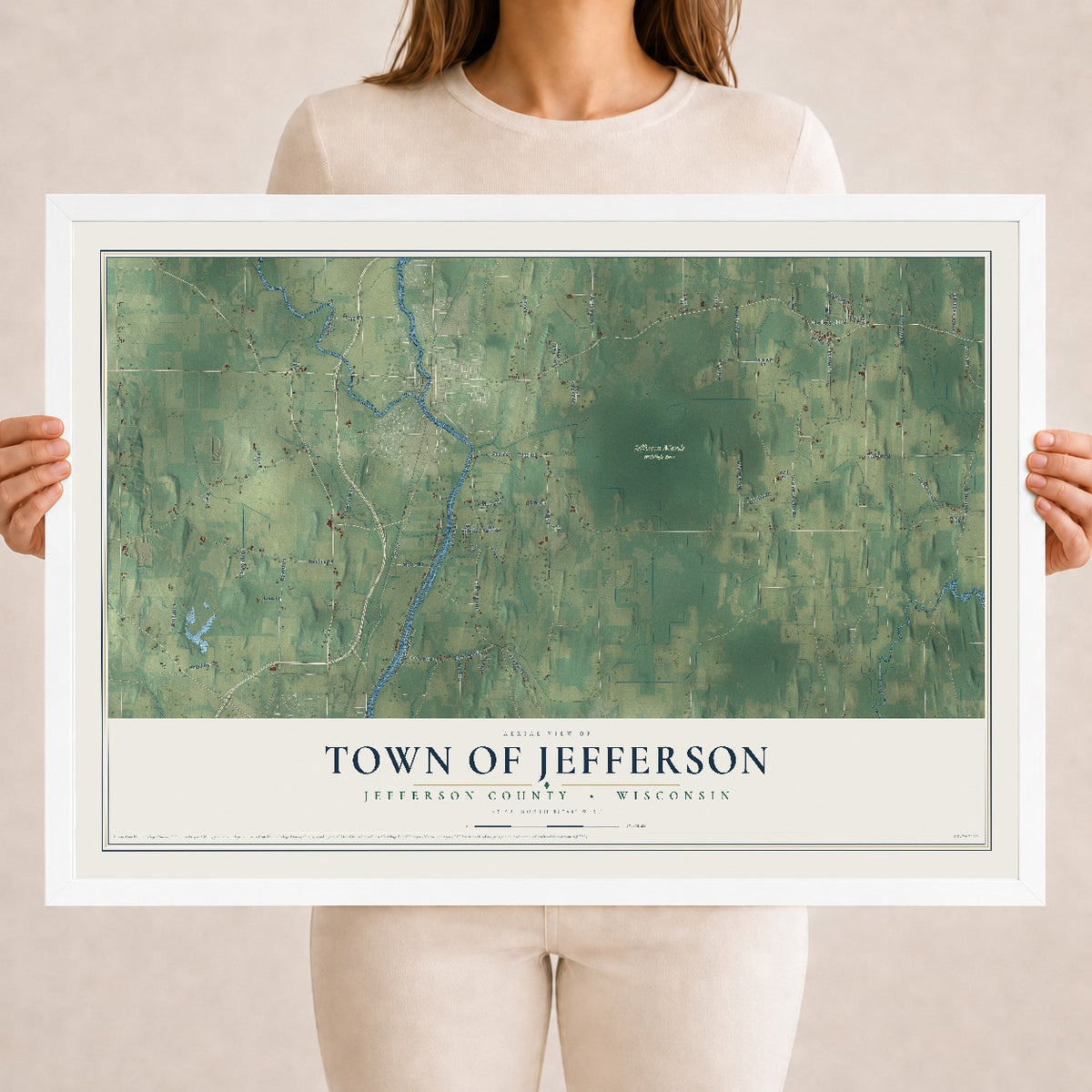 Map of the Town of Jefferson, Jefferson County, Wisconsin, 18 x 24 inch print in a white wood frame