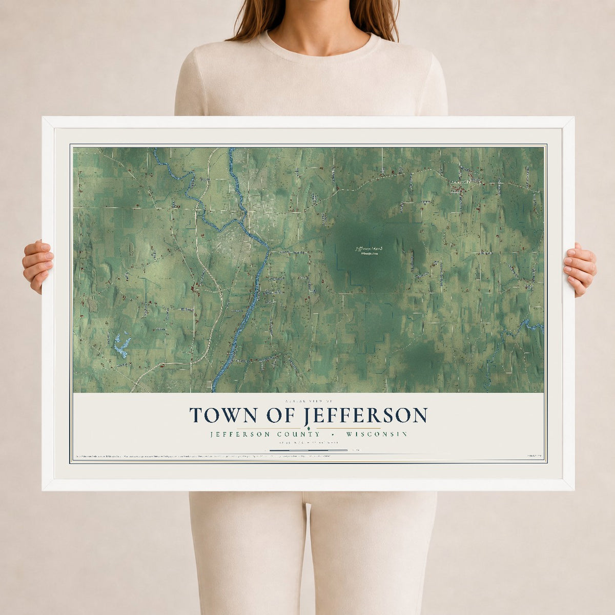 Map of the Town of Jefferson, Jefferson County, Wisconsin, 24 x 36 inch print in a white wood frame