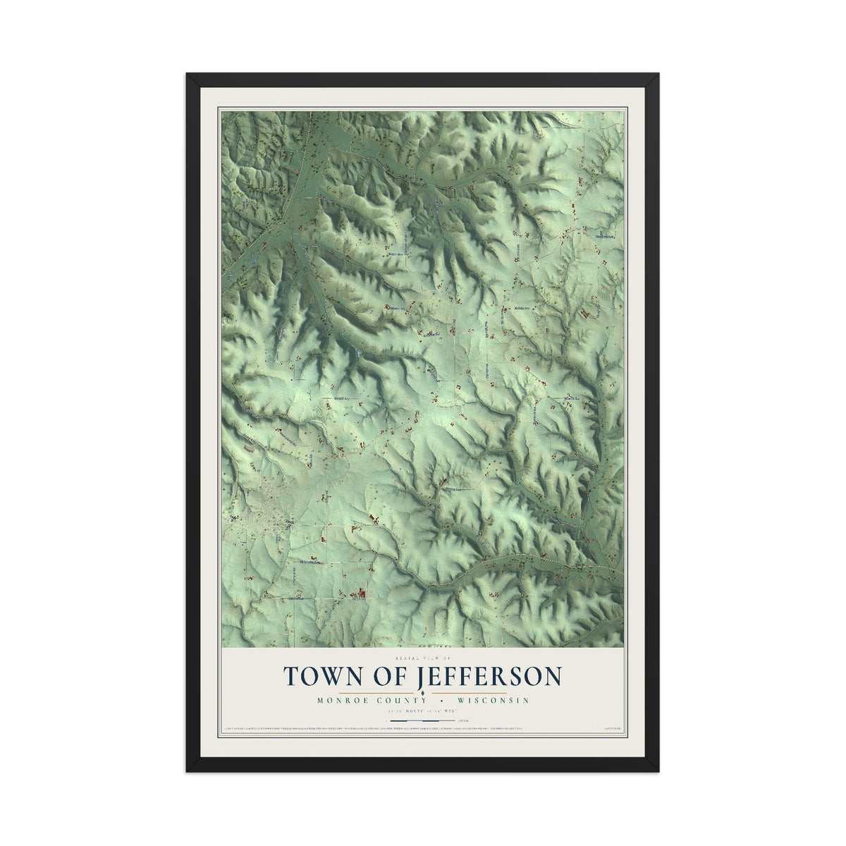 Map of the Town of Jefferson, Monroe County, Wisconsin, 12 x 18 inch print in a black wood frame