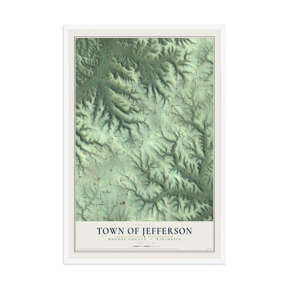 Map of the Town of Jefferson, Monroe County, Wisconsin, 12 x 18 inch print in a white wood frame