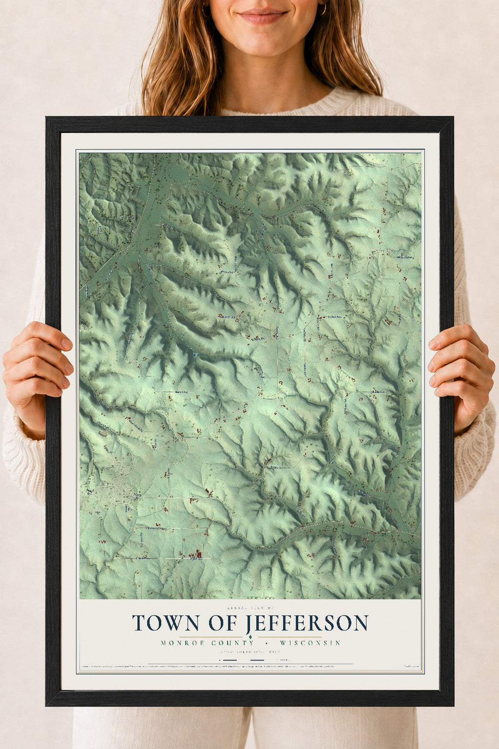 Map of the Town of Jefferson, Monroe County, Wisconsin, 18 x 24 inch print in a black wood frame