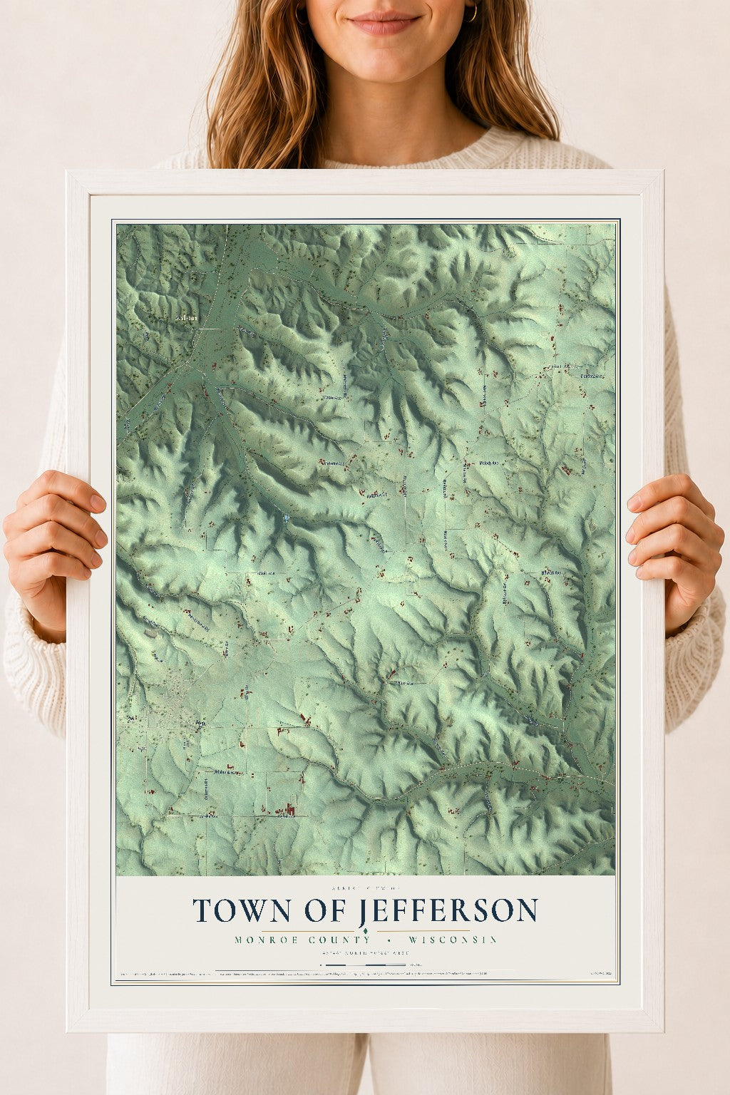 Map of the Town of Jefferson, Monroe County, Wisconsin, 18 x 24 inch print in a white wood frame