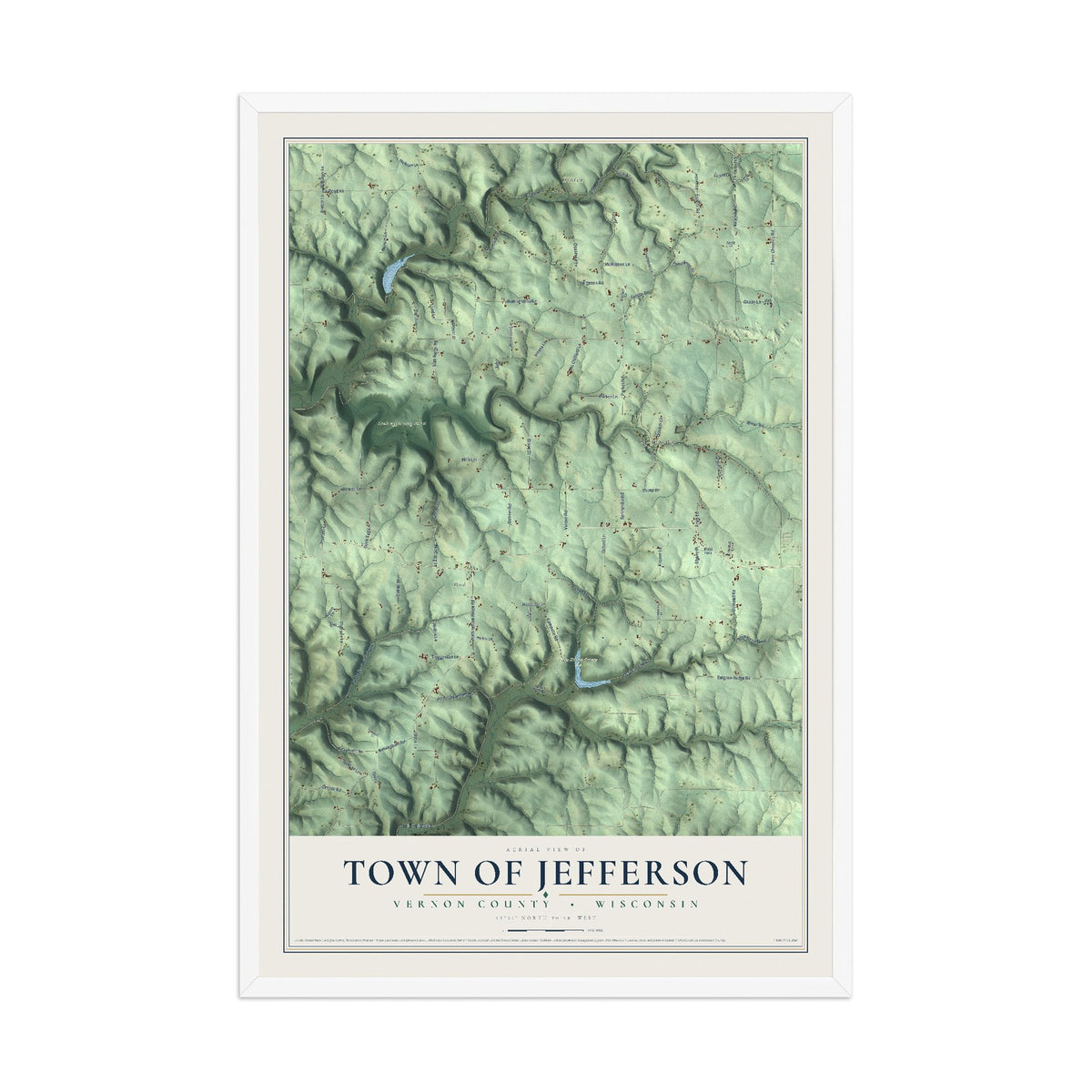 Map of the Town of Jefferson, Vernon County, Wisconsin, 12 x 18 inch print in a white wood frame