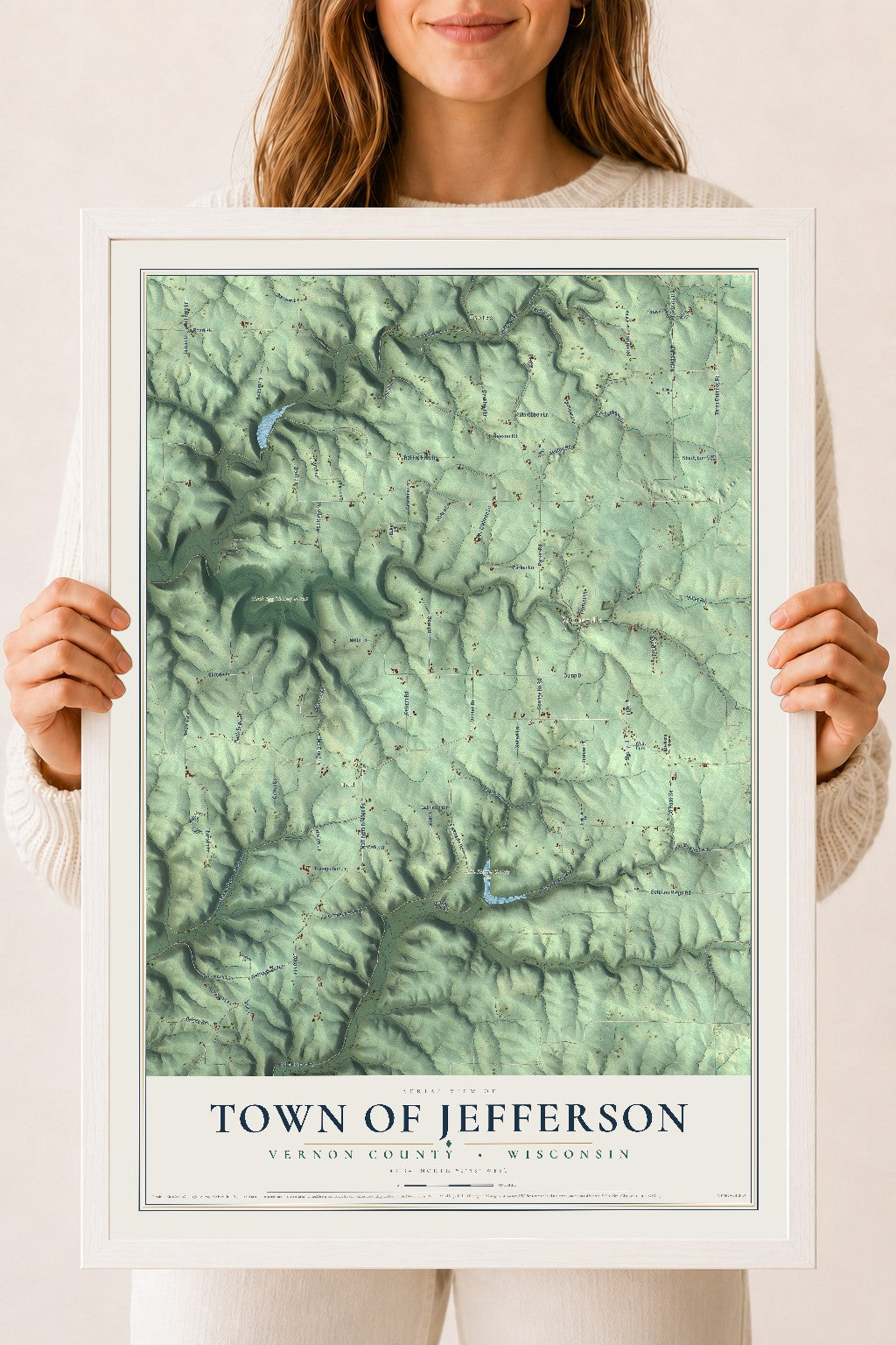Map of the Town of Jefferson, Vernon County, Wisconsin, 18 x 24 inch print in a white wood frame