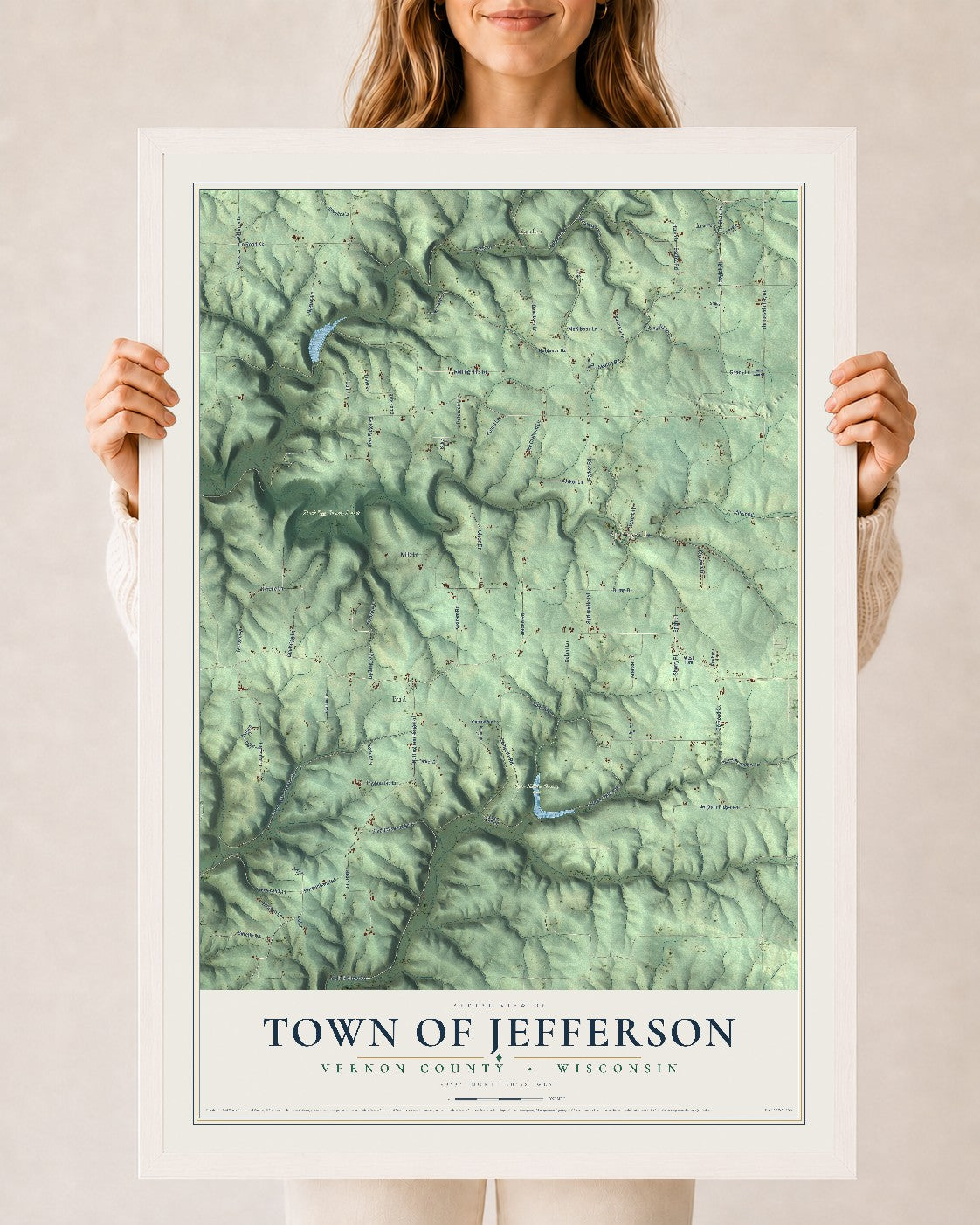 Map of the Town of Jefferson, Vernon County, Wisconsin, 24 x 36 inch print in a white wood frame