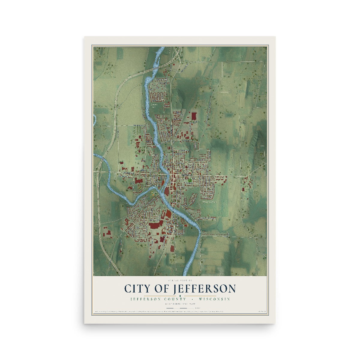 Map of Jefferson, Wisconsin, 12 x 18 inch unframed archival matte print