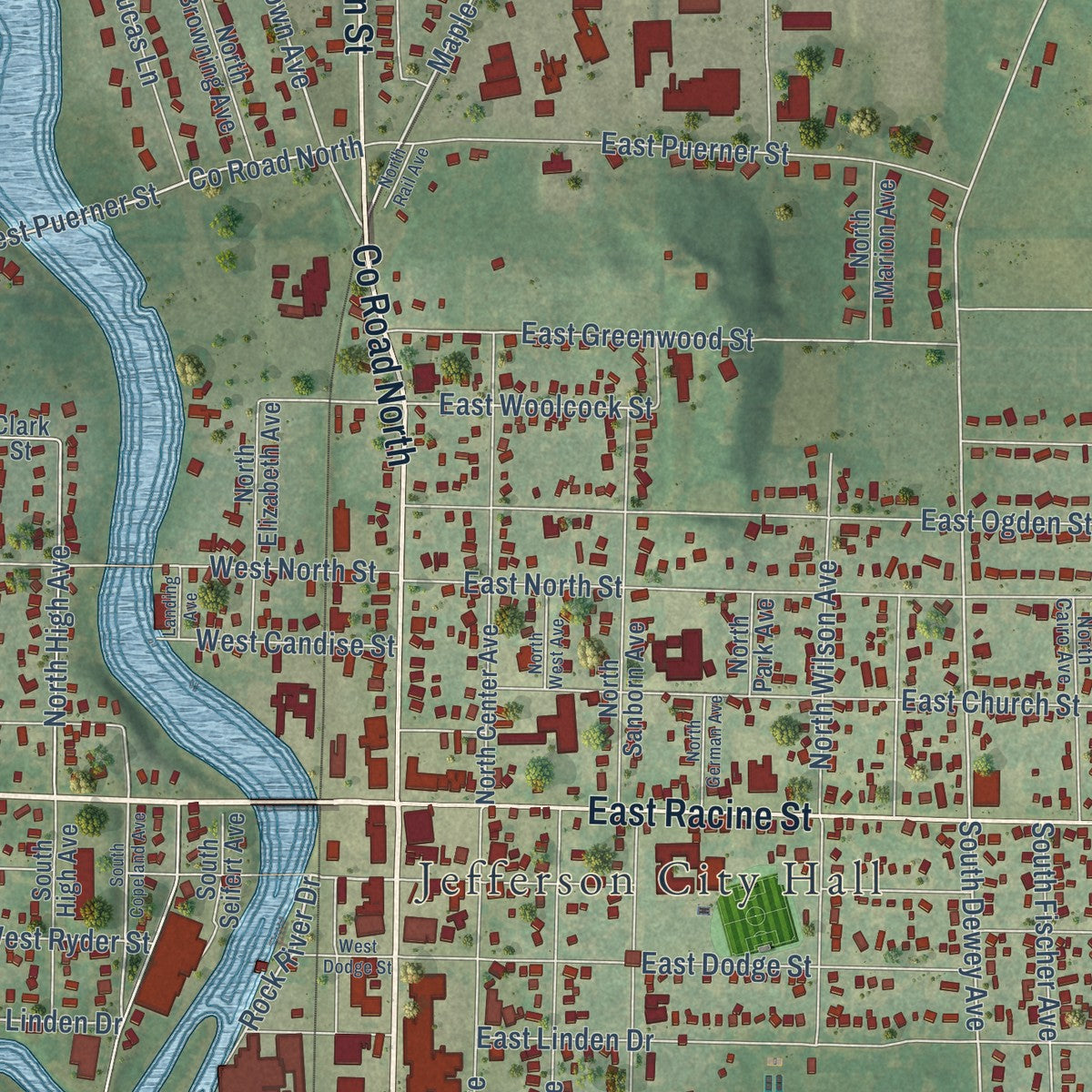 Close-up of the map of Jefferson, Wisconsin print showing street and building detail