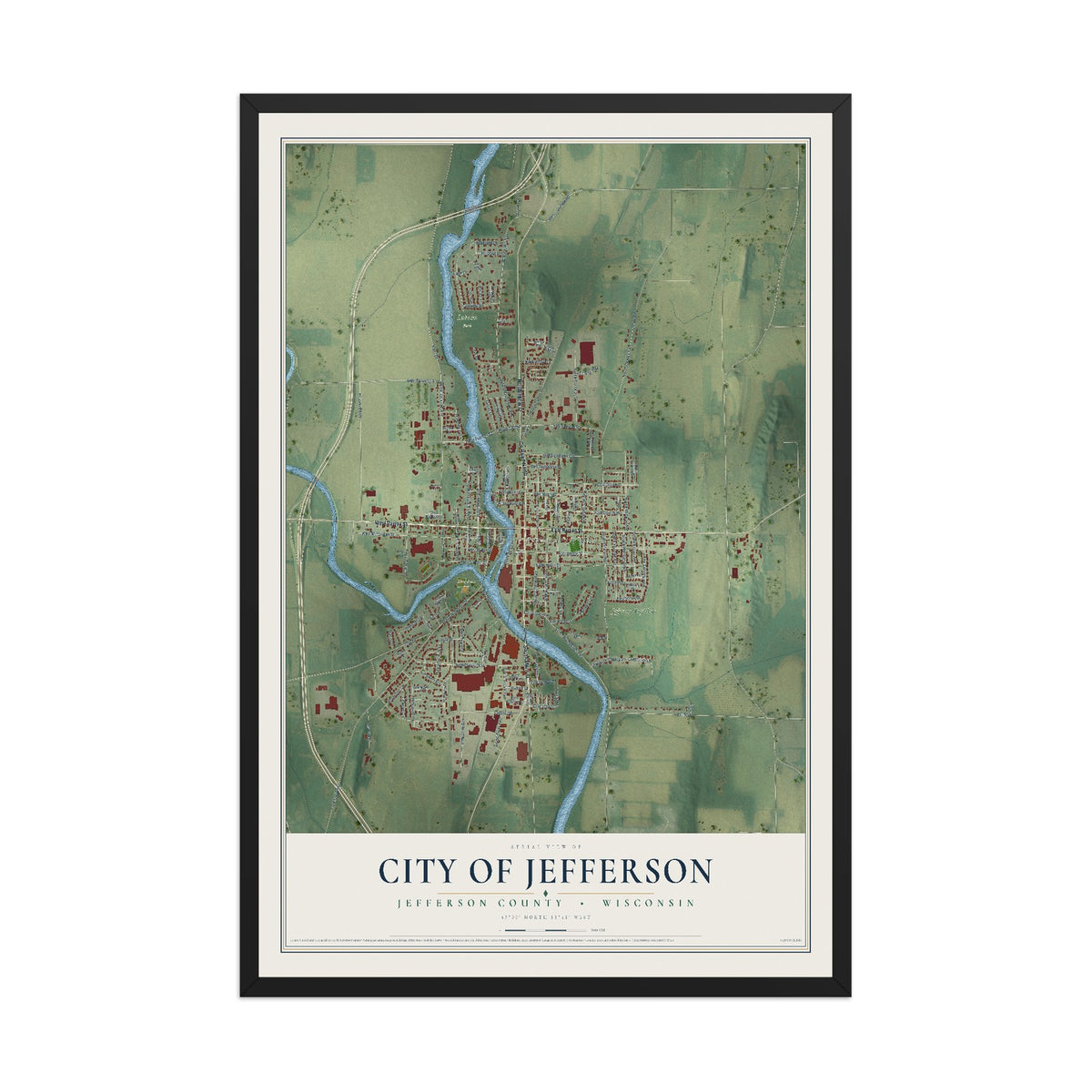 Map of Jefferson, Wisconsin, 12 x 18 inch print in a black wood frame