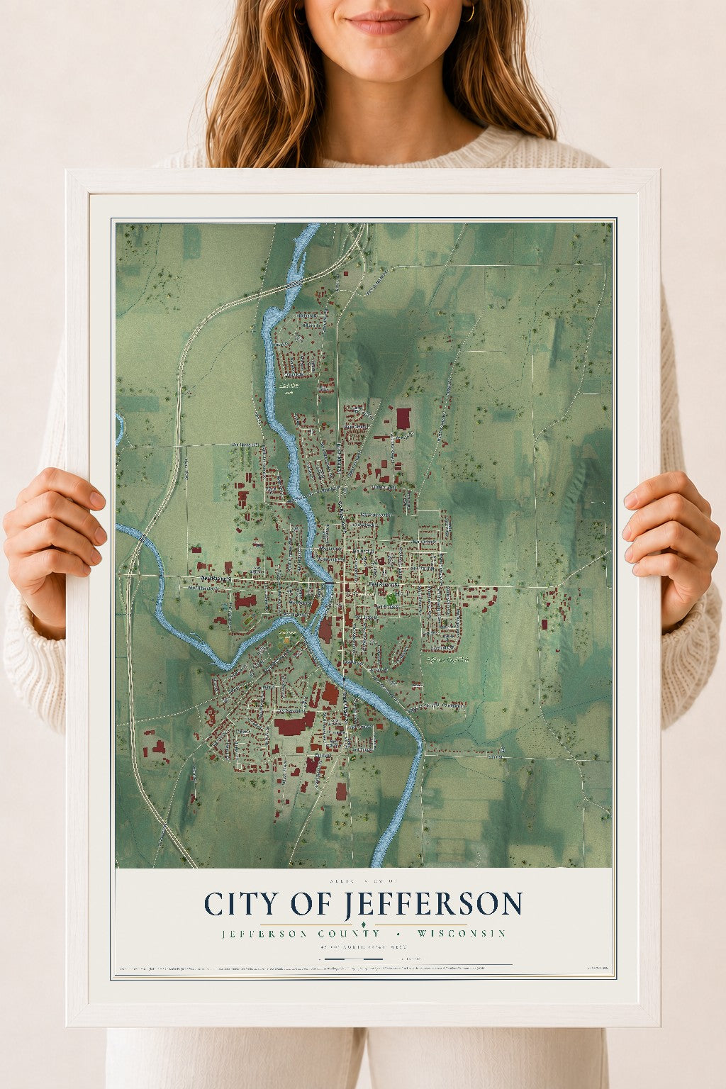 Map of Jefferson, Wisconsin, 18 x 24 inch print in a white wood frame