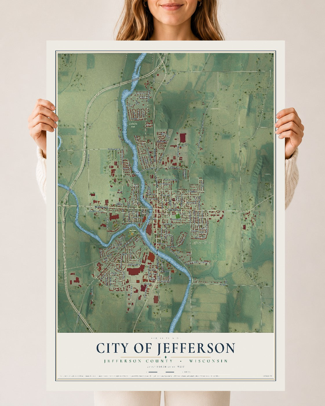 Map of Jefferson, Wisconsin, 24 x 36 inch unframed archival matte print
