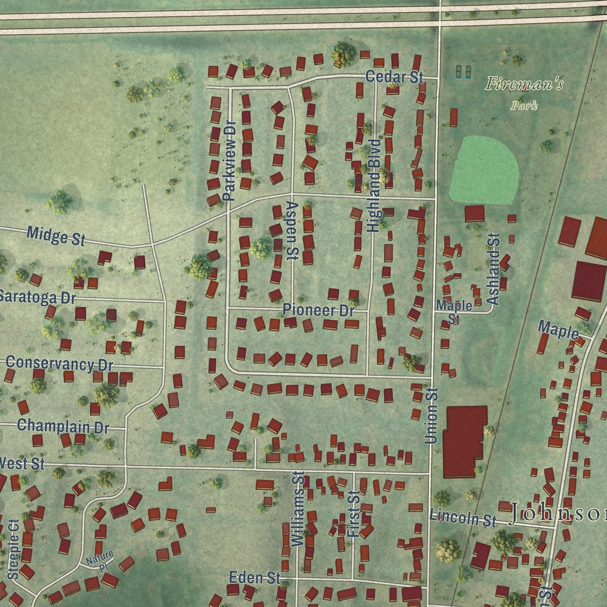 Close-up of the map of Johnson Creek, Wisconsin print showing street and building detail