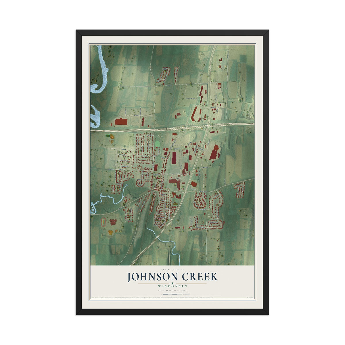 Map of Johnson Creek, Wisconsin, 12 x 18 inch print in a black wood frame