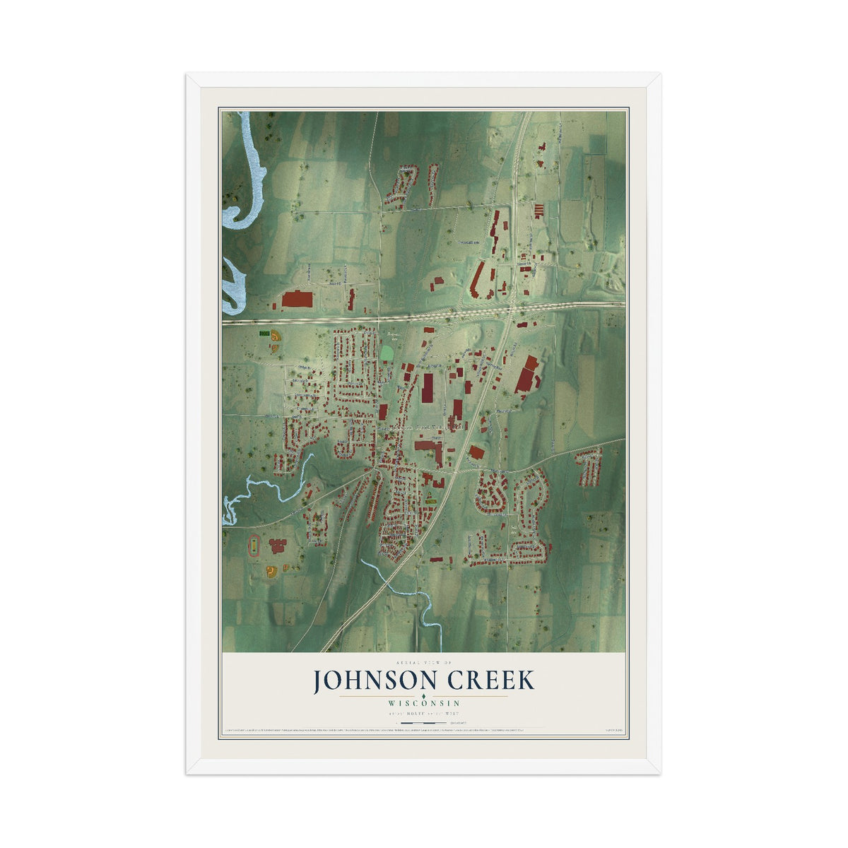 Map of Johnson Creek, Wisconsin, 12 x 18 inch print in a white wood frame