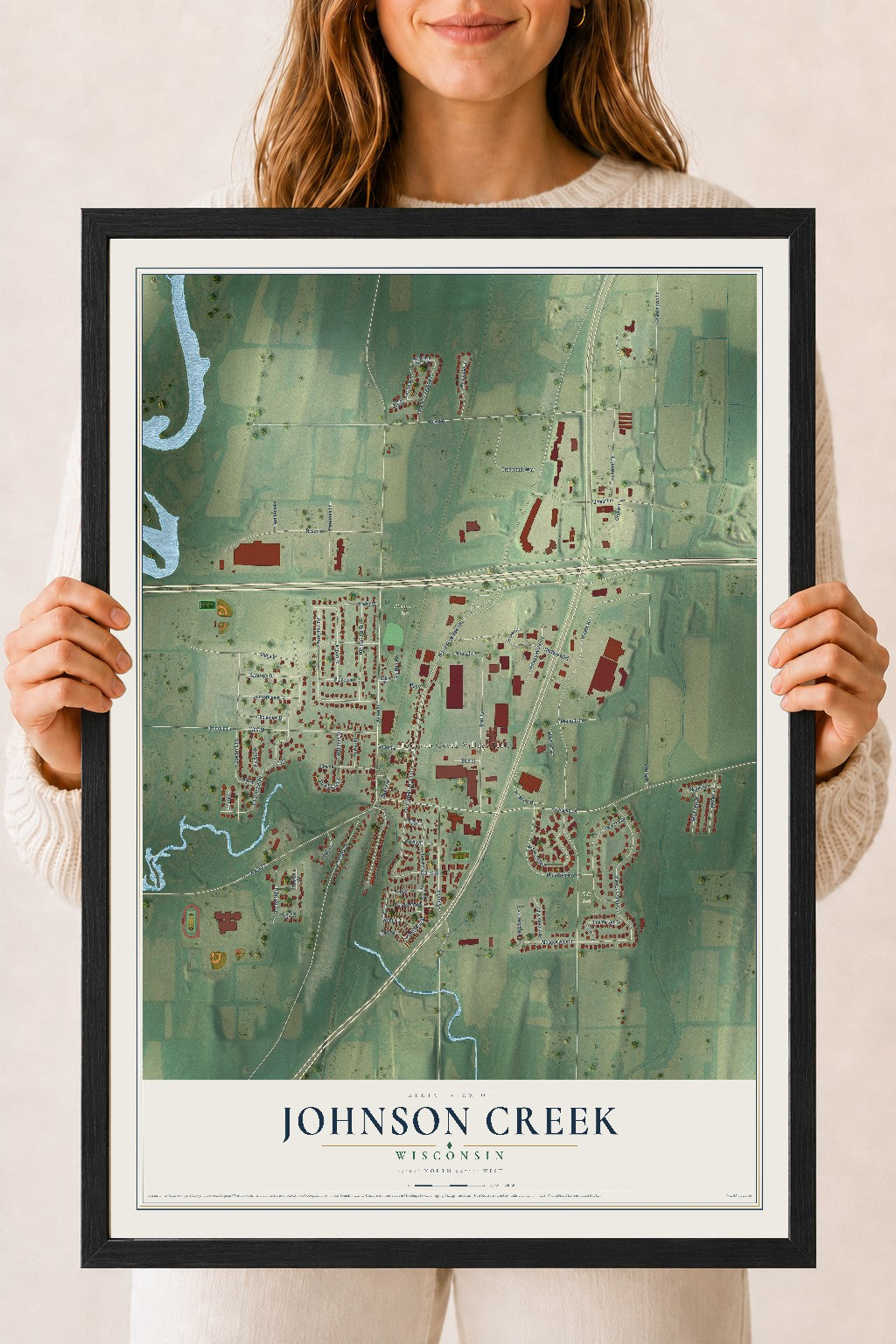 Map of Johnson Creek, Wisconsin, 18 x 24 inch print in a black wood frame
