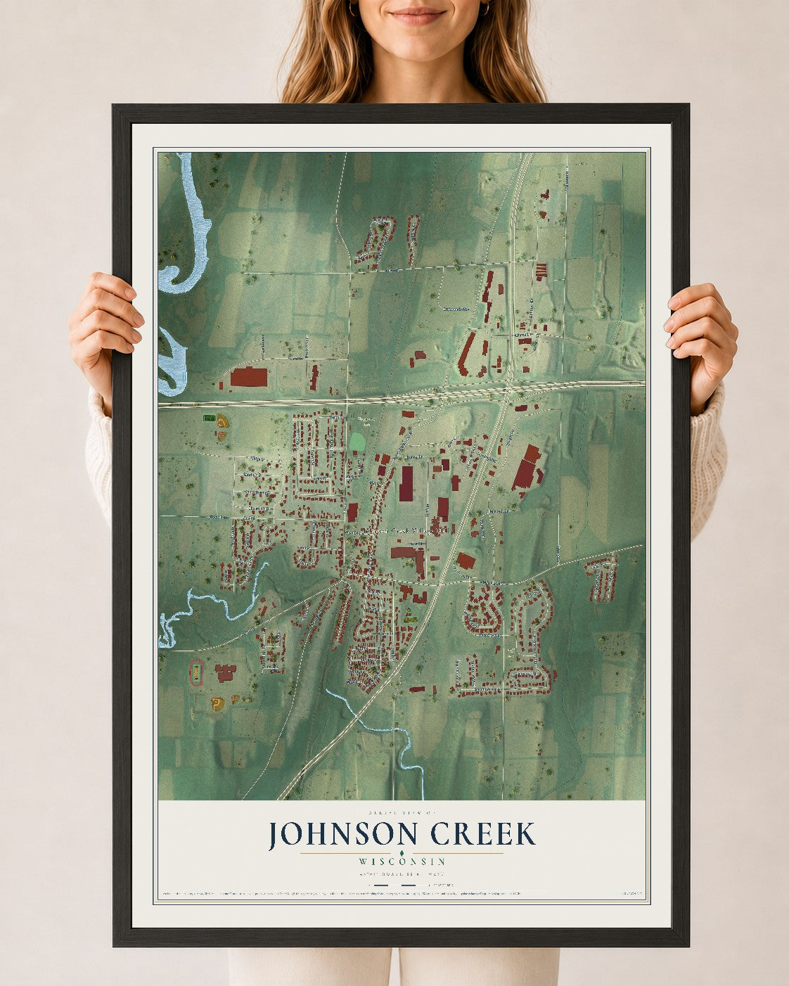 Map of Johnson Creek, Wisconsin, 24 x 36 inch print in a black wood frame