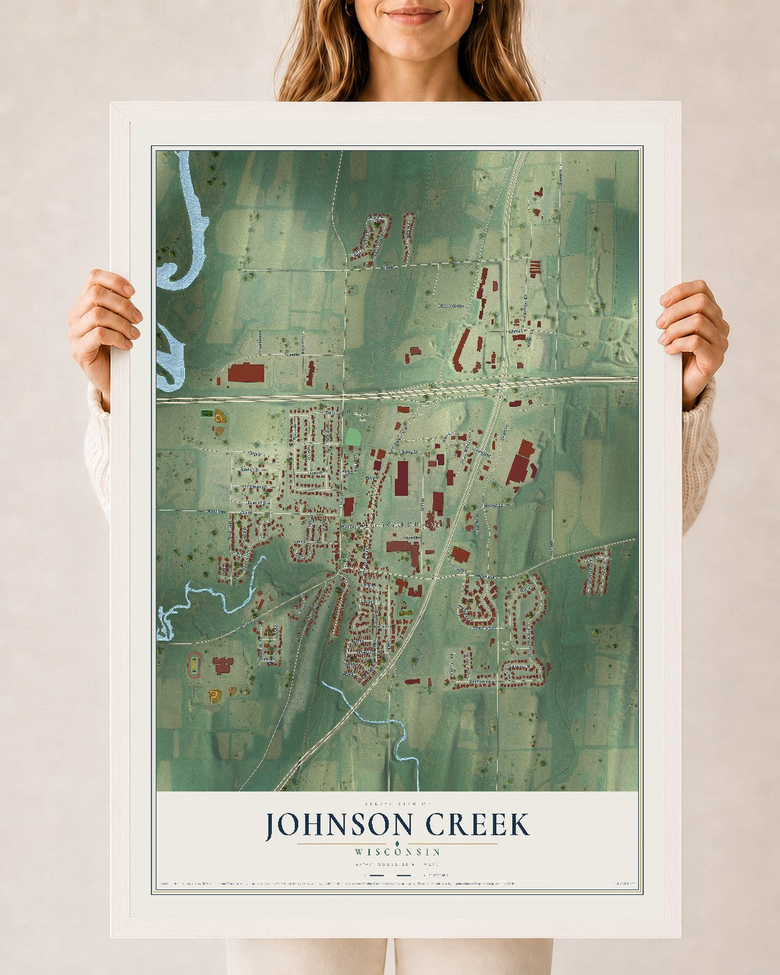 Map of Johnson Creek, Wisconsin, 24 x 36 inch print in a white wood frame