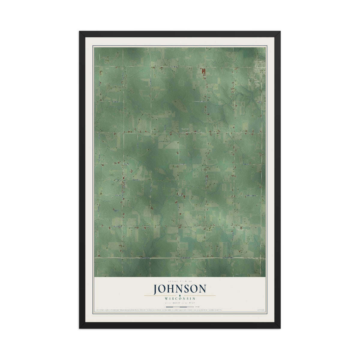 Map of Johnson, Wisconsin, 12 x 18 inch print in a black wood frame
