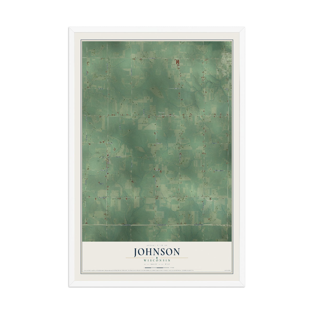 Map of Johnson, Wisconsin, 12 x 18 inch print in a white wood frame