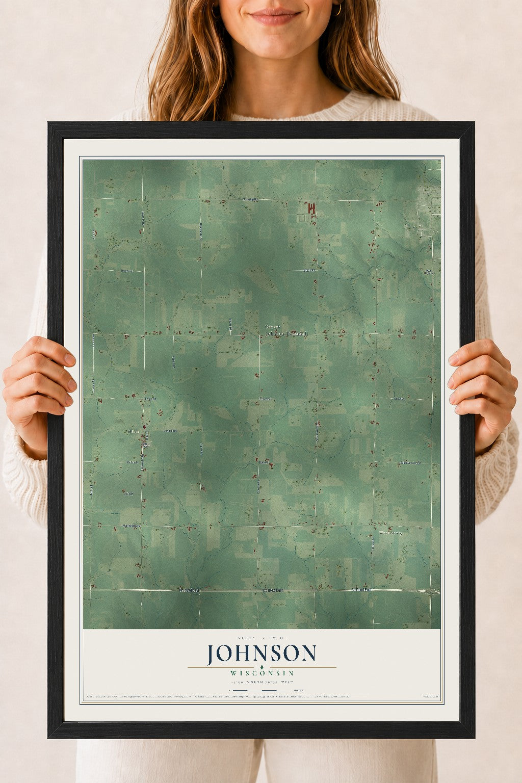 Map of Johnson, Wisconsin, 18 x 24 inch print in a black wood frame