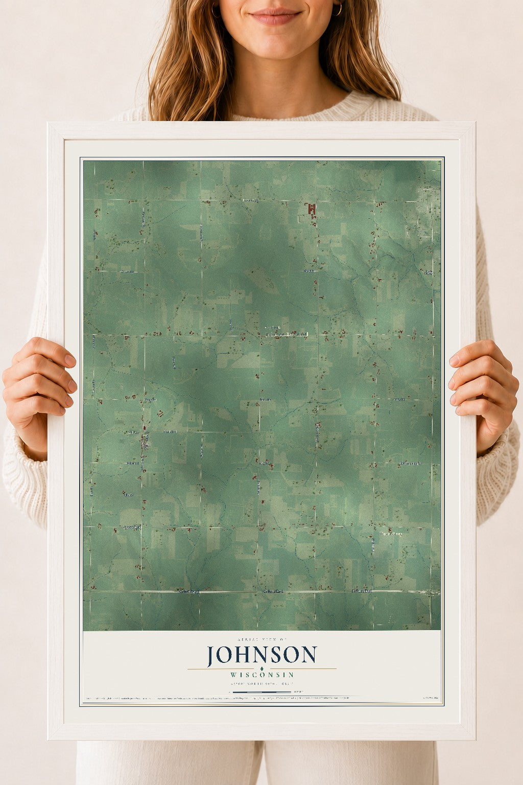 Map of Johnson, Wisconsin, 18 x 24 inch print in a white wood frame
