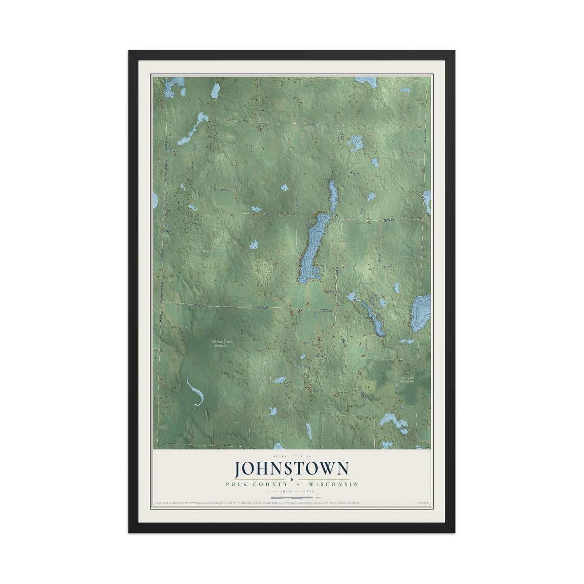 Map of Johnstown, Polk County, Wisconsin, 12 x 18 inch print in a black wood frame