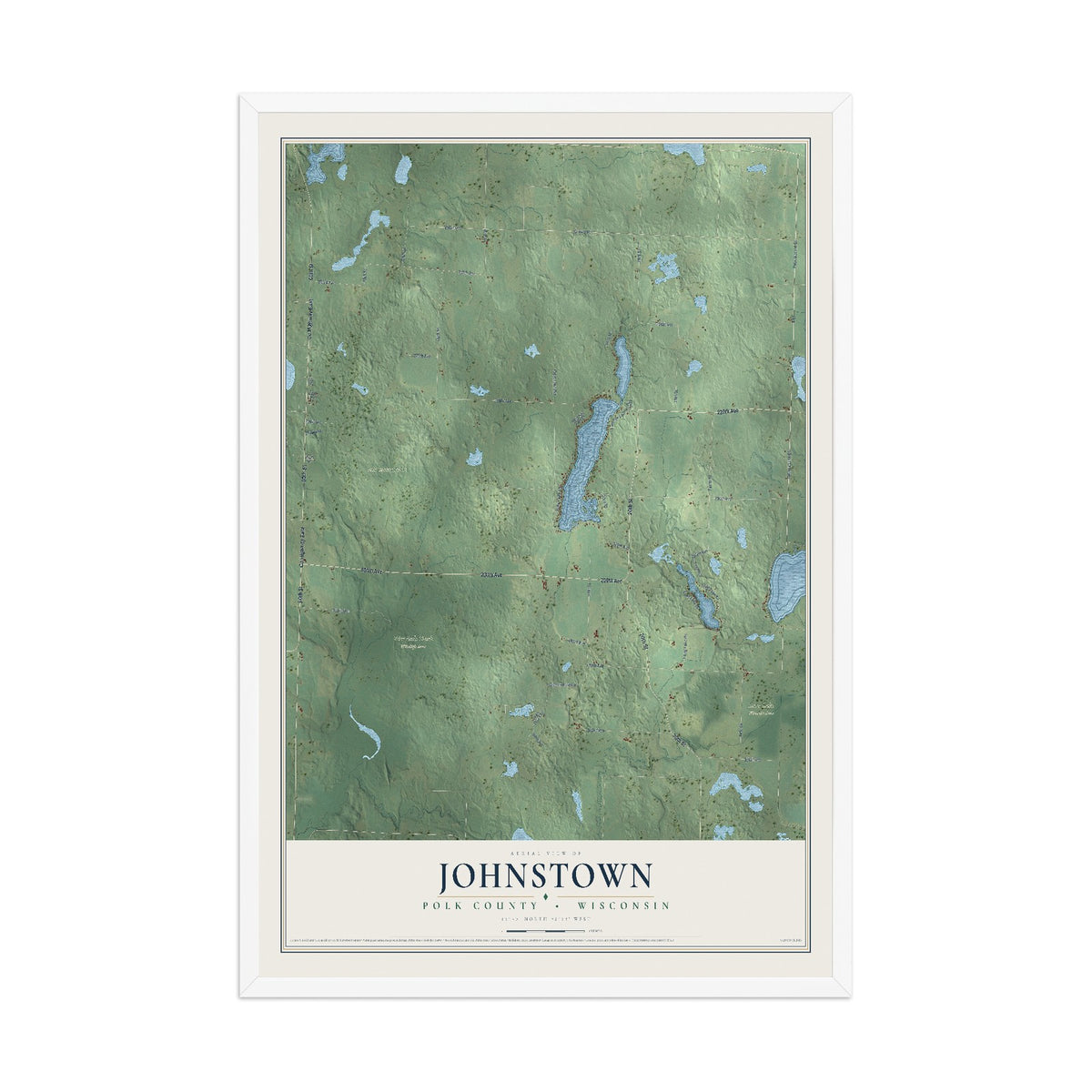 Map of Johnstown, Polk County, Wisconsin, 12 x 18 inch print in a white wood frame