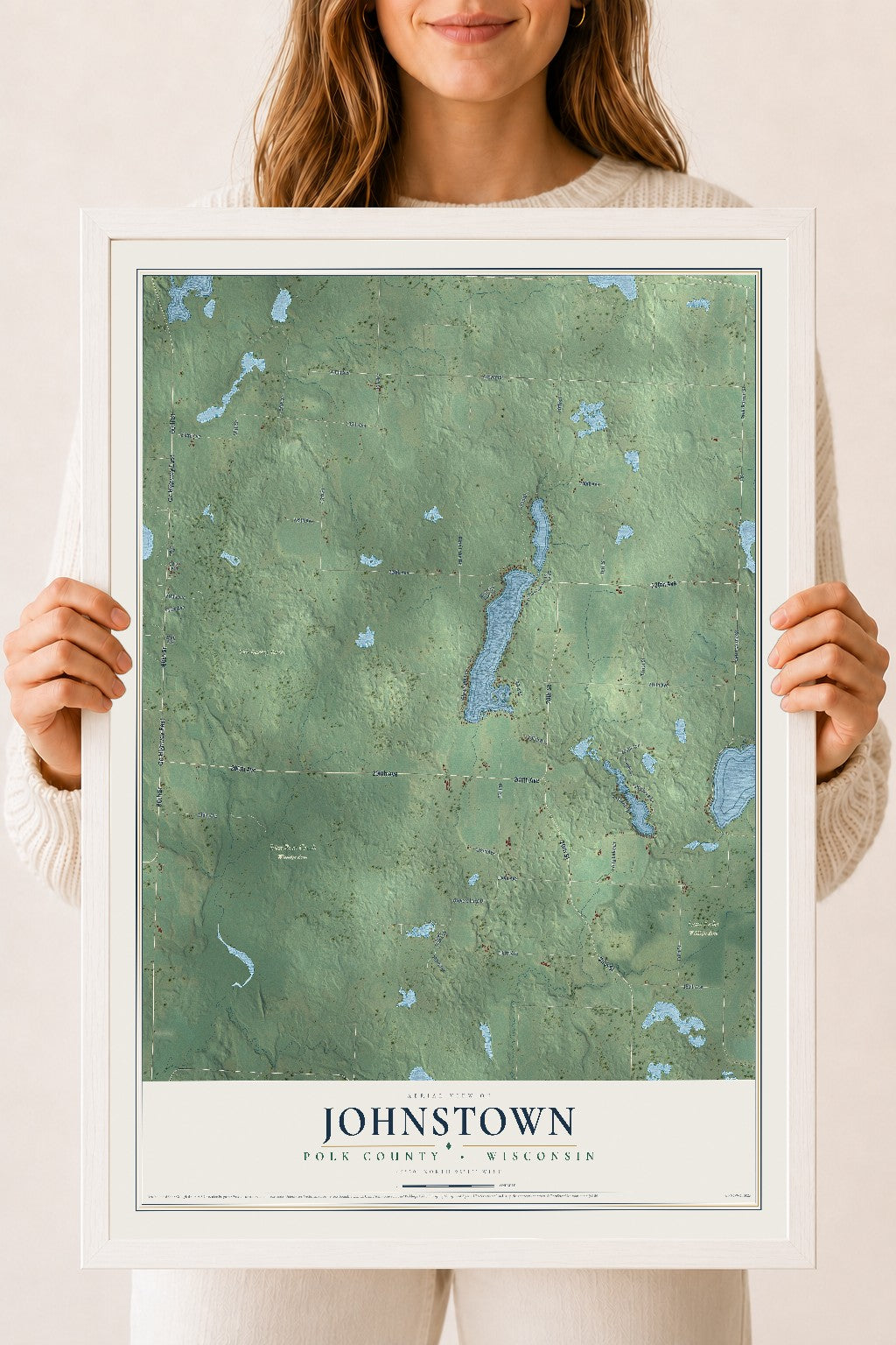 Map of Johnstown, Polk County, Wisconsin, 18 x 24 inch print in a white wood frame