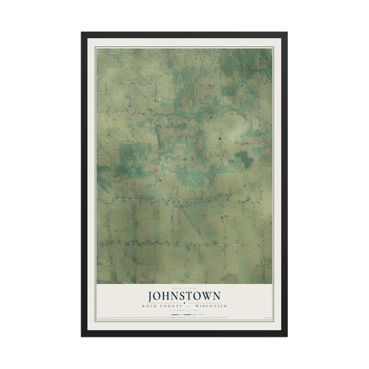 Map of Johnstown, Rock County, Wisconsin, 12 x 18 inch print in a black wood frame