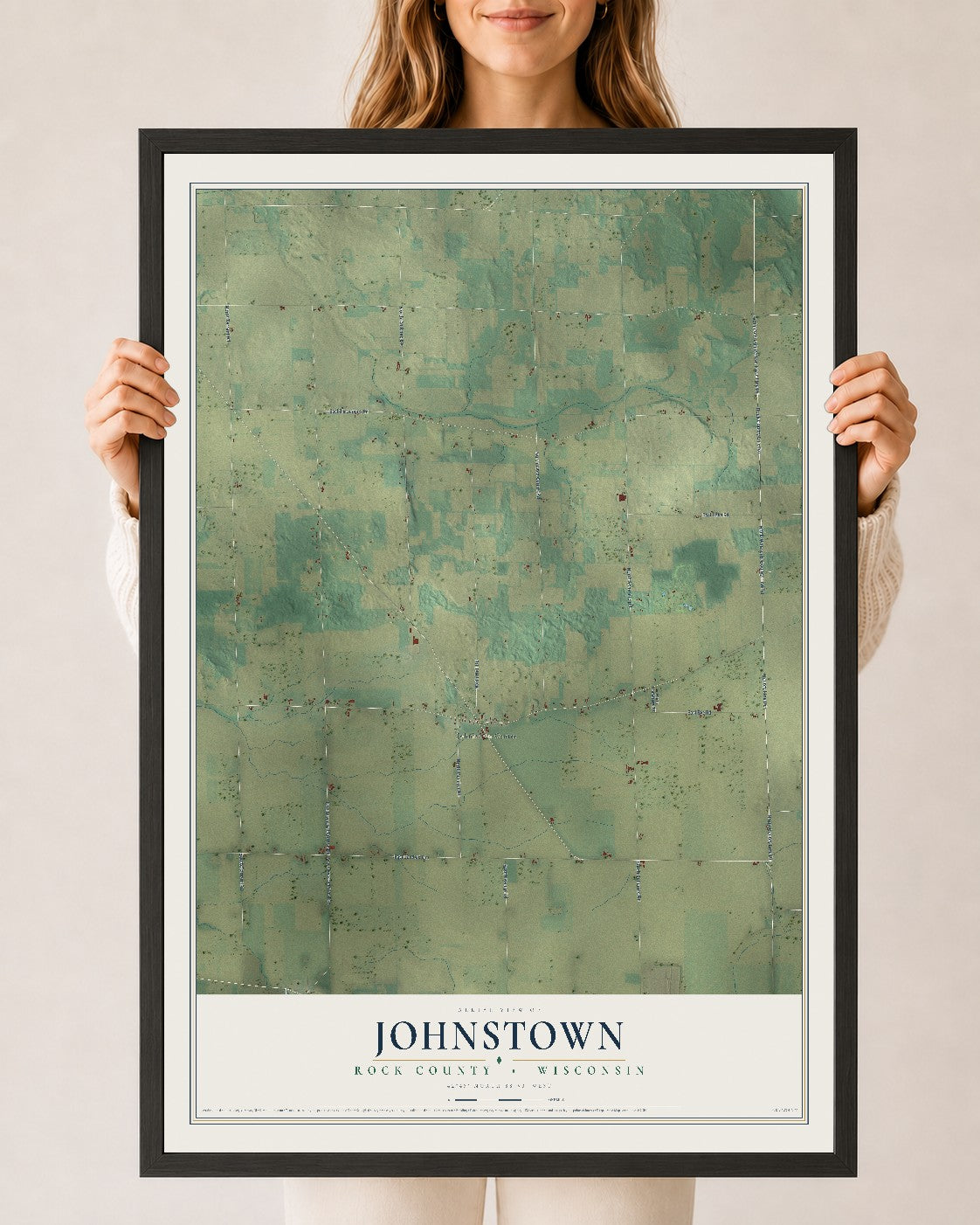 Map of Johnstown, Rock County, Wisconsin, 24 x 36 inch print in a black wood frame