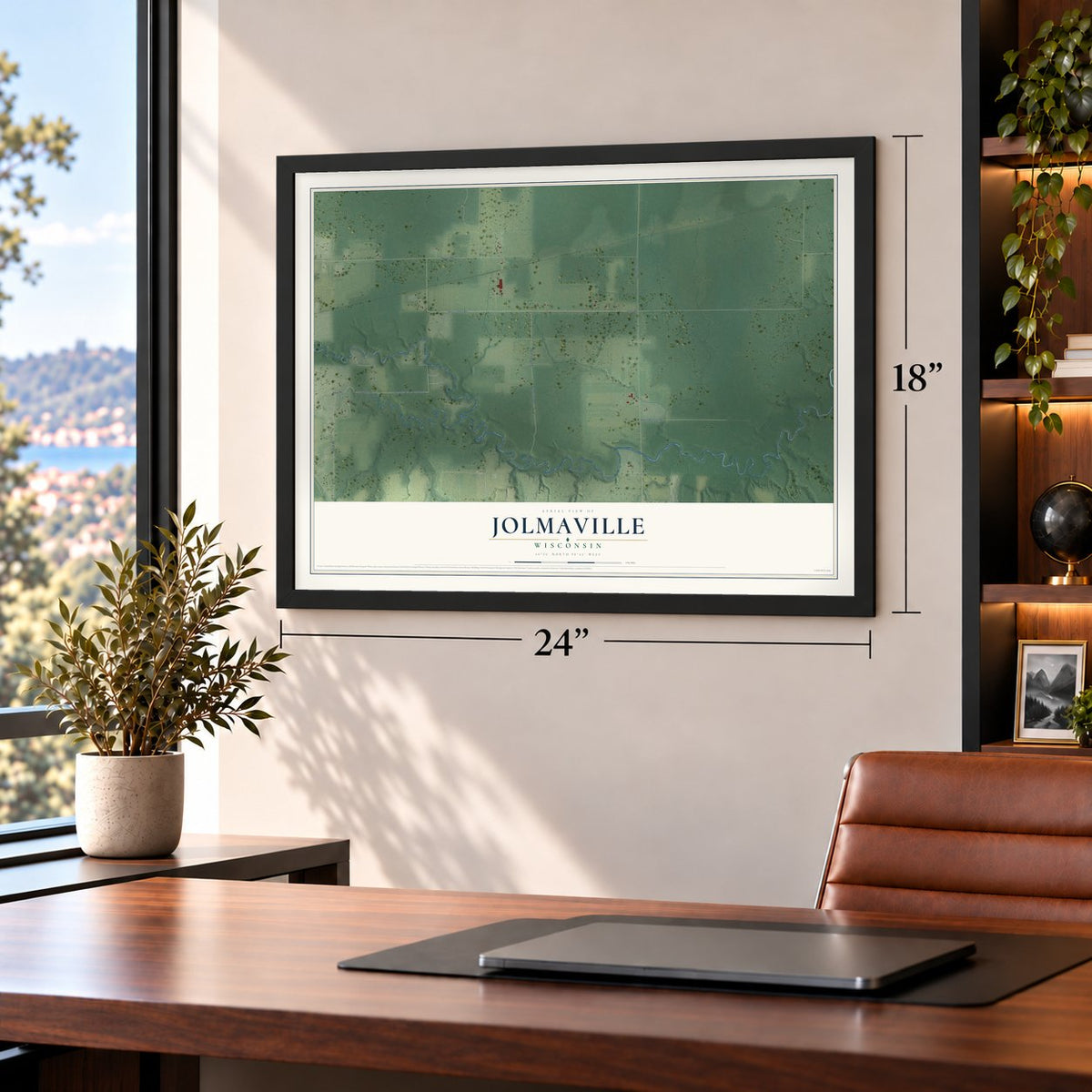 Jolmaville, Wisconsin map, 18 x 24 inch print in a black frame in a home office