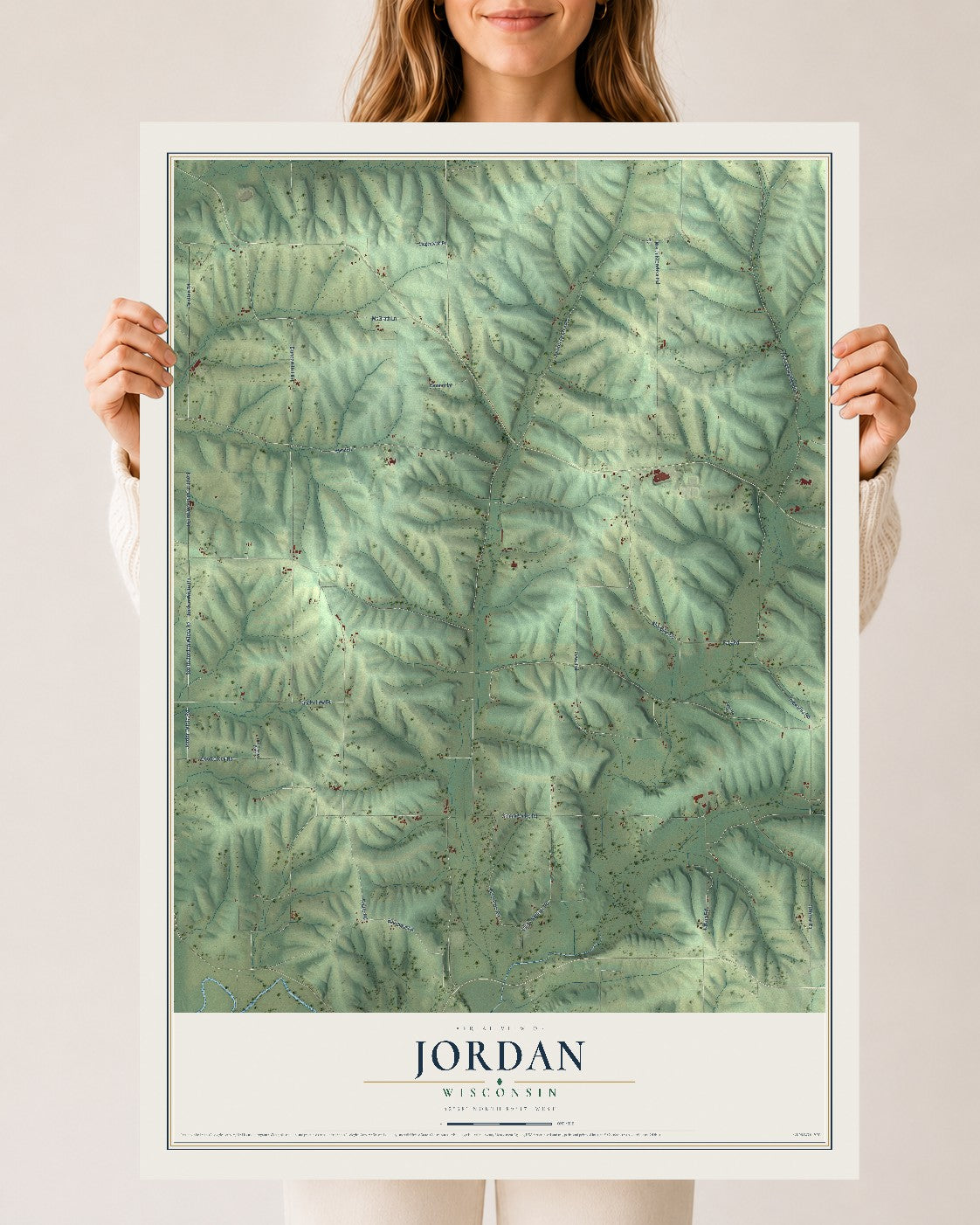 Map of Jordan, Wisconsin, 24 x 36 inch unframed archival matte print