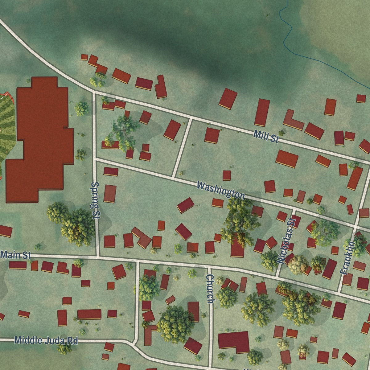 Close-up of the map of Juda, Wisconsin print showing street and building detail