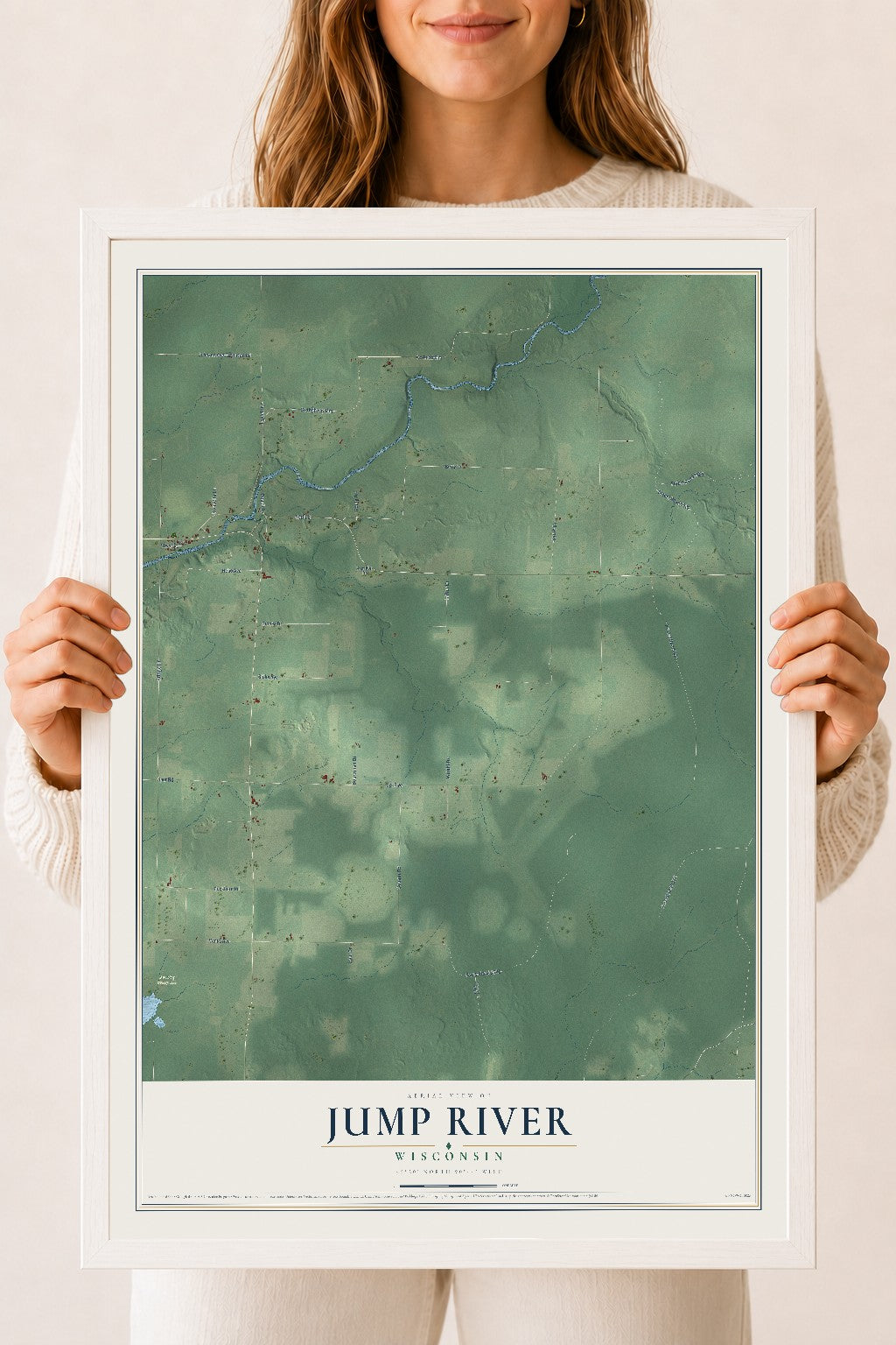 Map of Jump River, Wisconsin, 18 x 24 inch print in a white wood frame