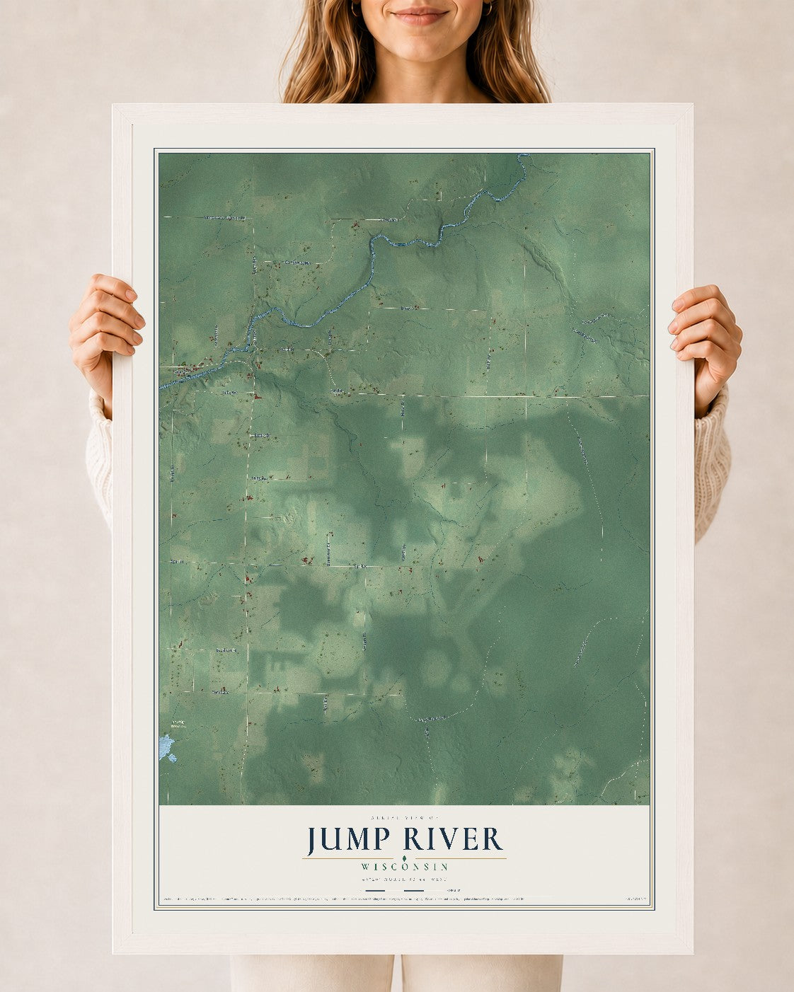 Map of Jump River, Wisconsin, 24 x 36 inch print in a white wood frame