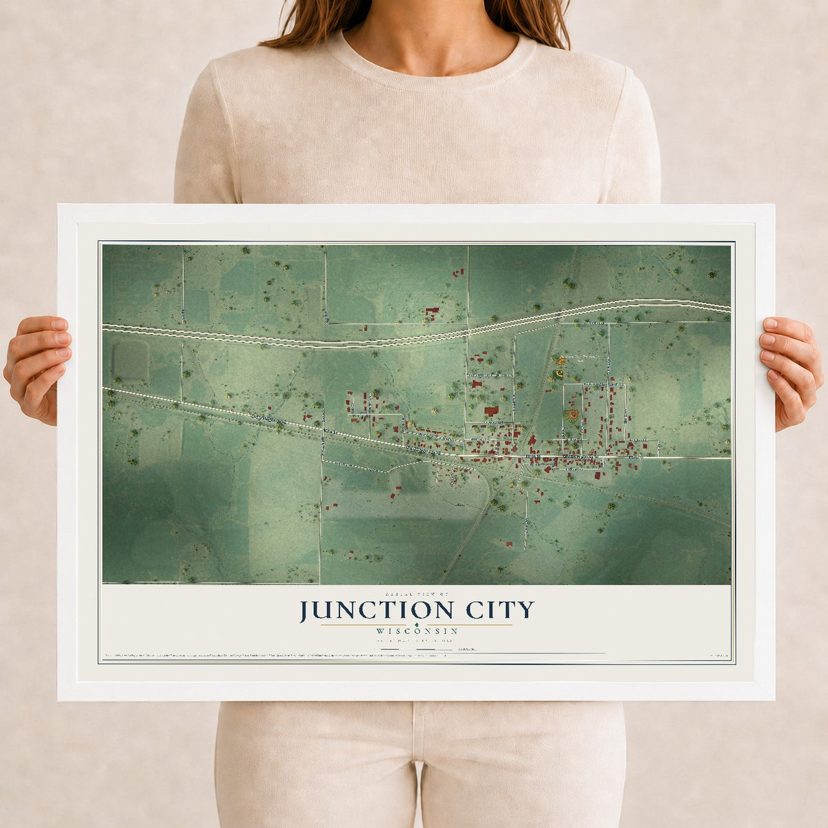 Map of Junction City, Wisconsin, 12 x 18 inch print in a white wood frame