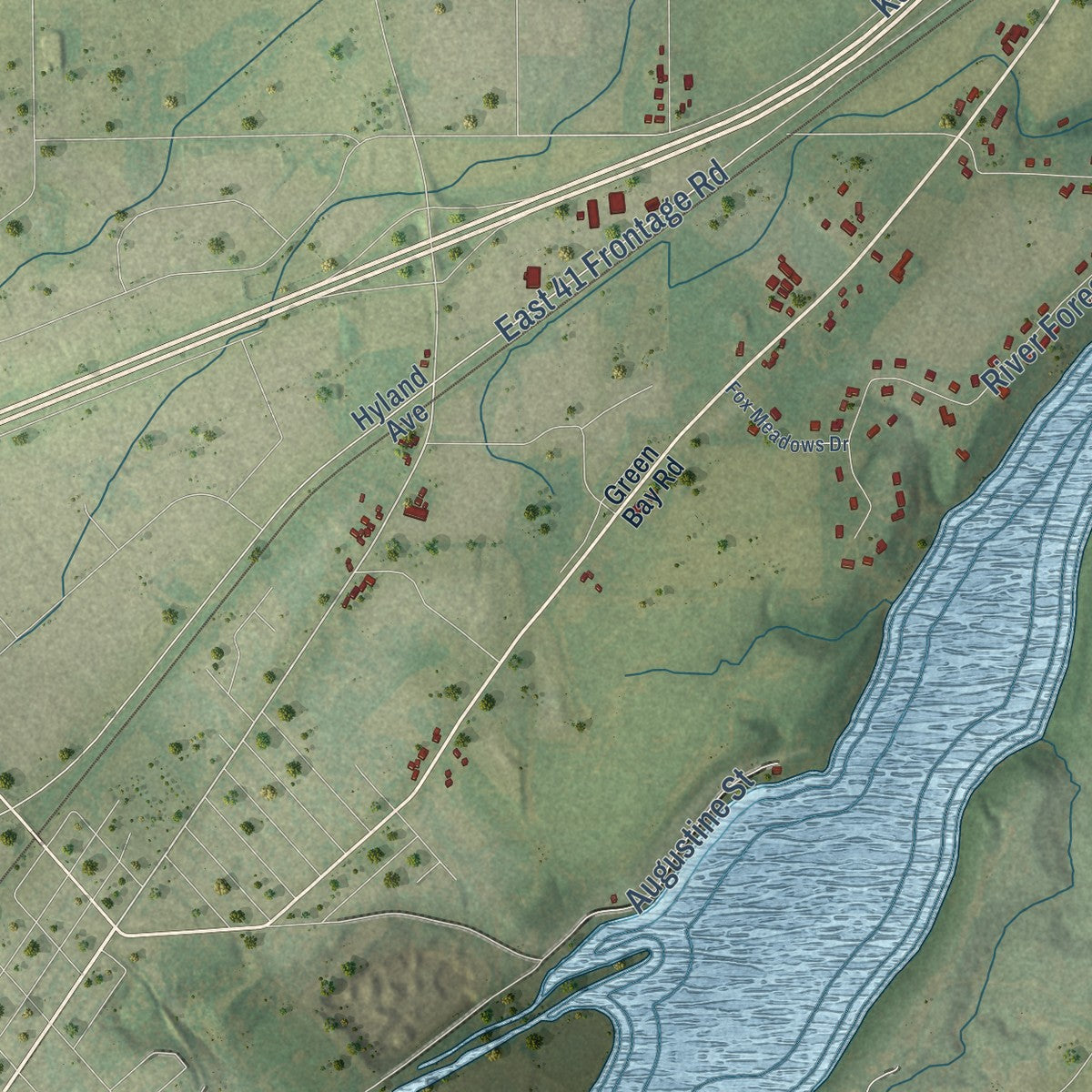 Close-up of the map of the Town of Kaukauna, Wisconsin print showing street and building detail
