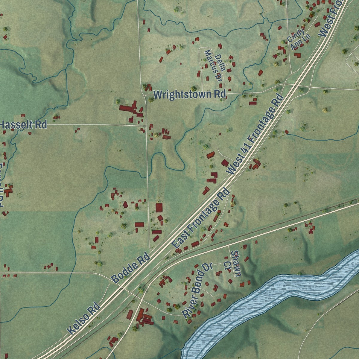 Second close-up of the map of the Town of Kaukauna, Wisconsin print showing more streets and buildings