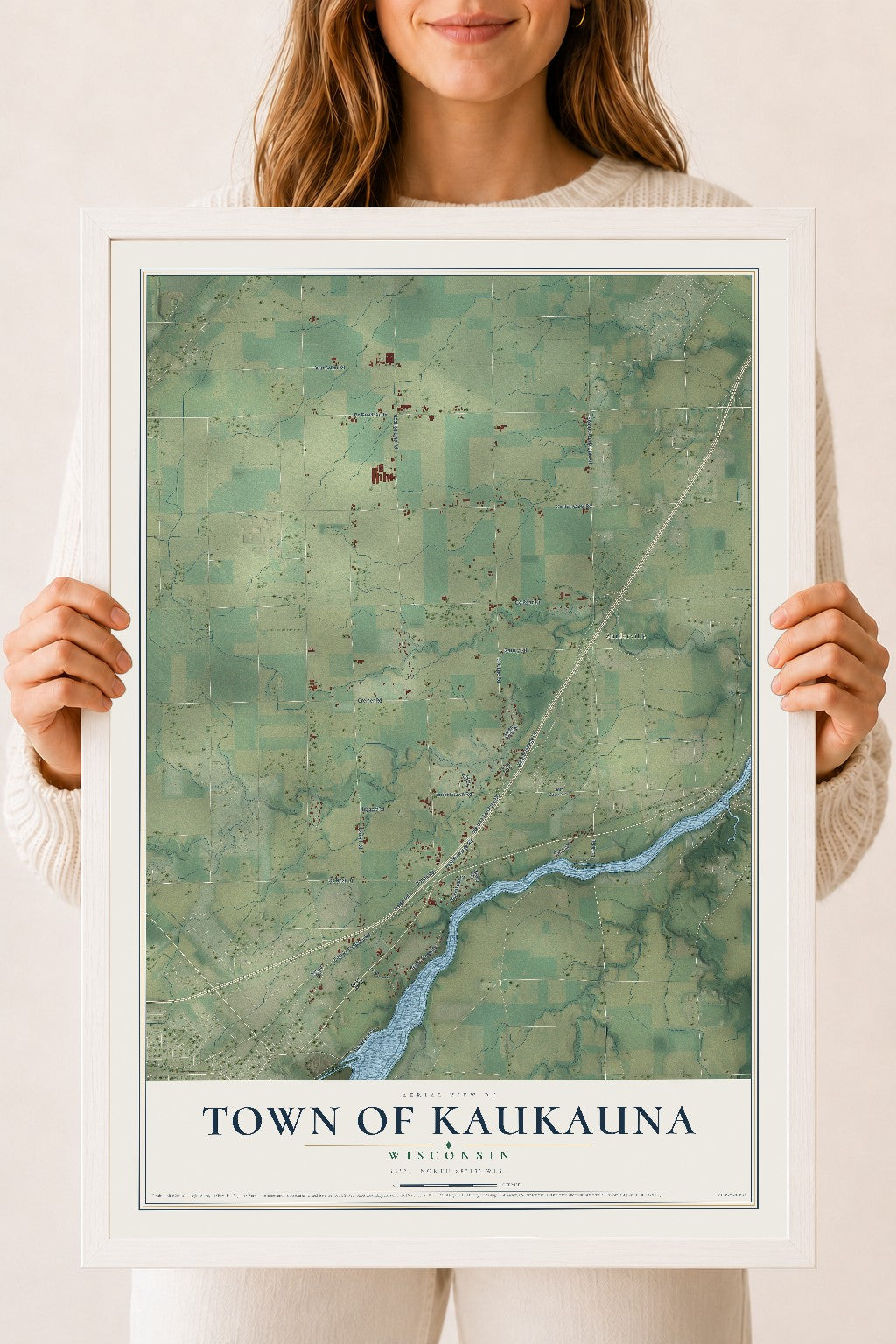 Map of the Town of Kaukauna, Wisconsin, 18 x 24 inch print in a white wood frame