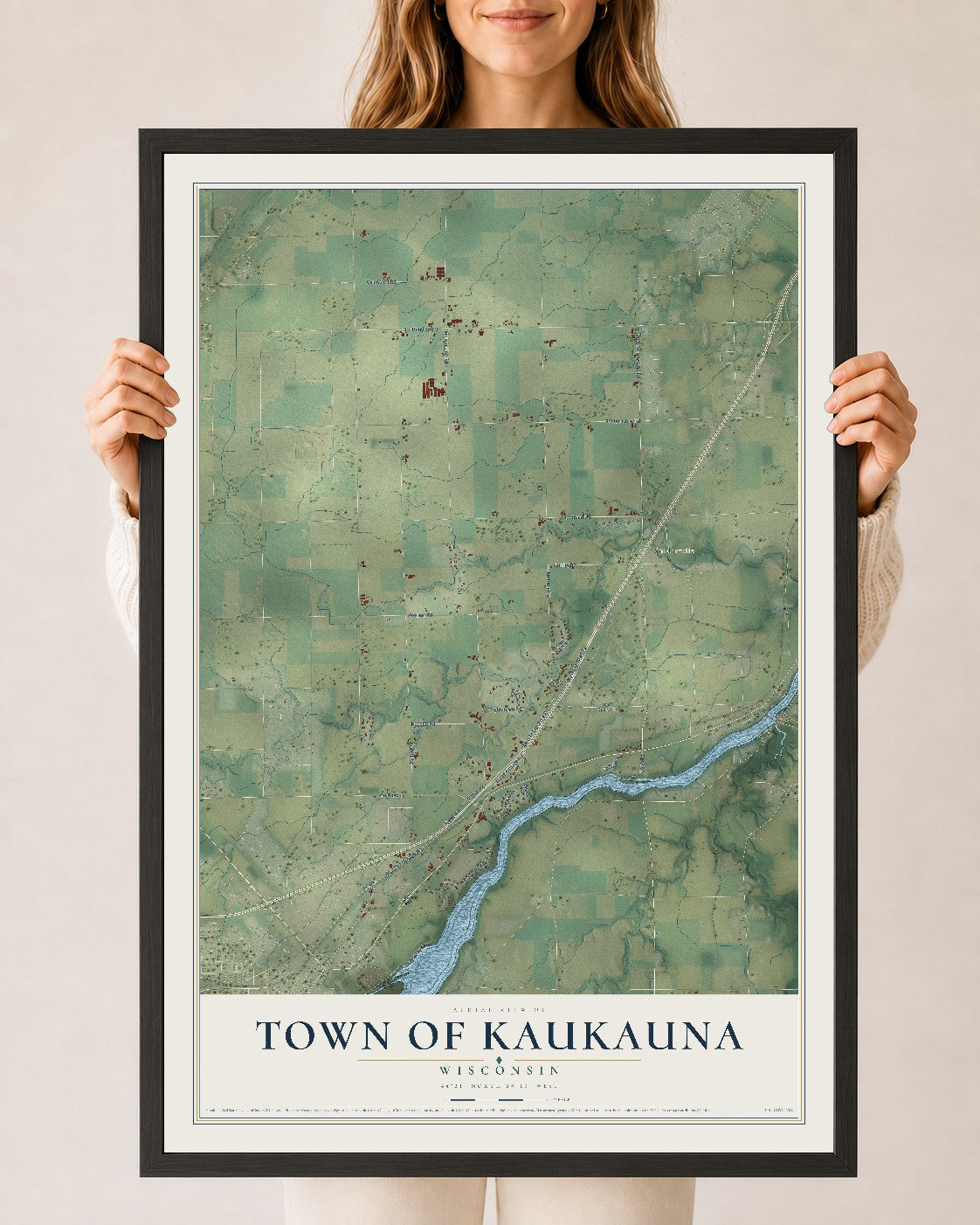 Map of the Town of Kaukauna, Wisconsin, 24 x 36 inch print in a black wood frame